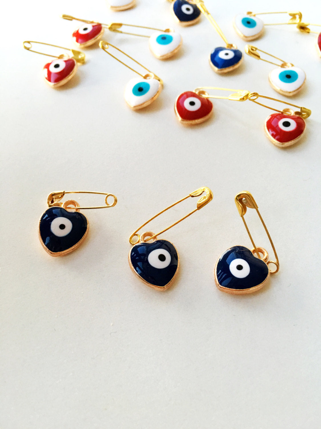 Heart-Shaped Evil Eye Safety Pin Set for Baby Shower Gift & Protection - 5 Colors Available - Jewelry & Watches - Bijou Her -  -  - 