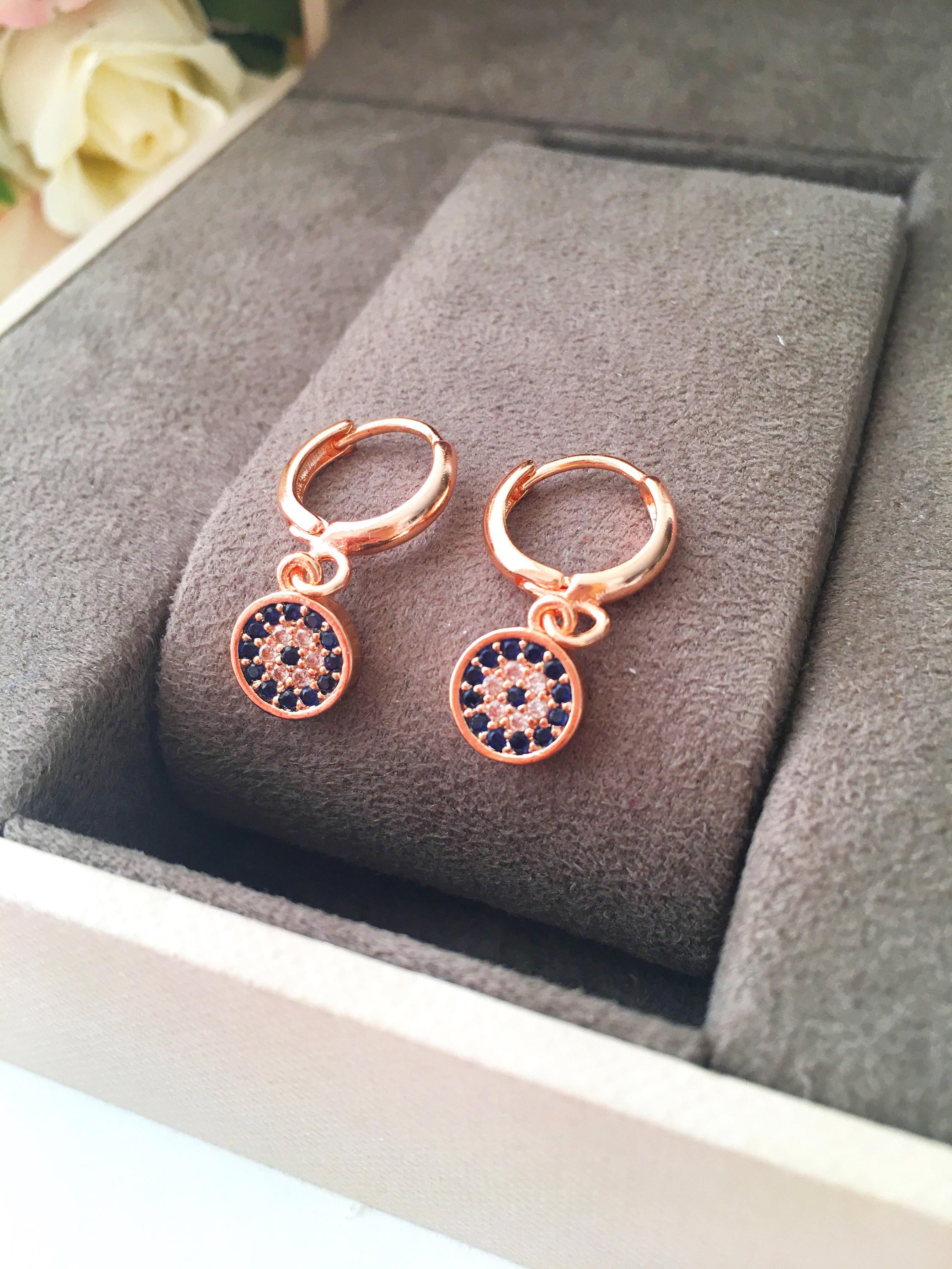 Handmade Rose Gold Evil Eye Hoop Earrings - Minimal Zirconia Jewelry - Jewelry & Watches - Bijou Her -  -  - 