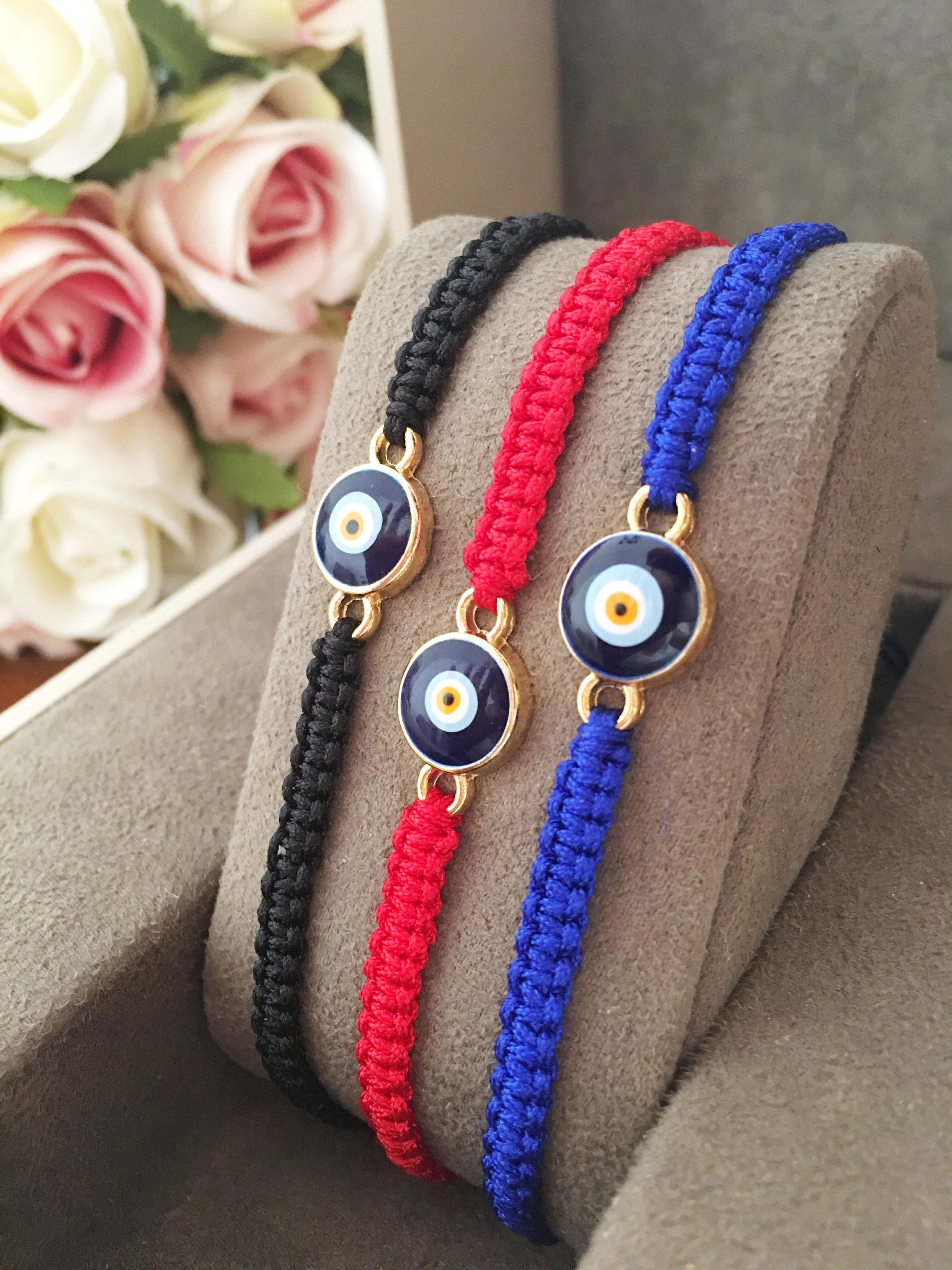 Handmade Adjustable Evil Eye Bracelet with Macrame and Color Options - Blue, Red, Black. Nazar Boncuk Jewelry. - Jewelry & Watches - Bijou Her -  -  - 