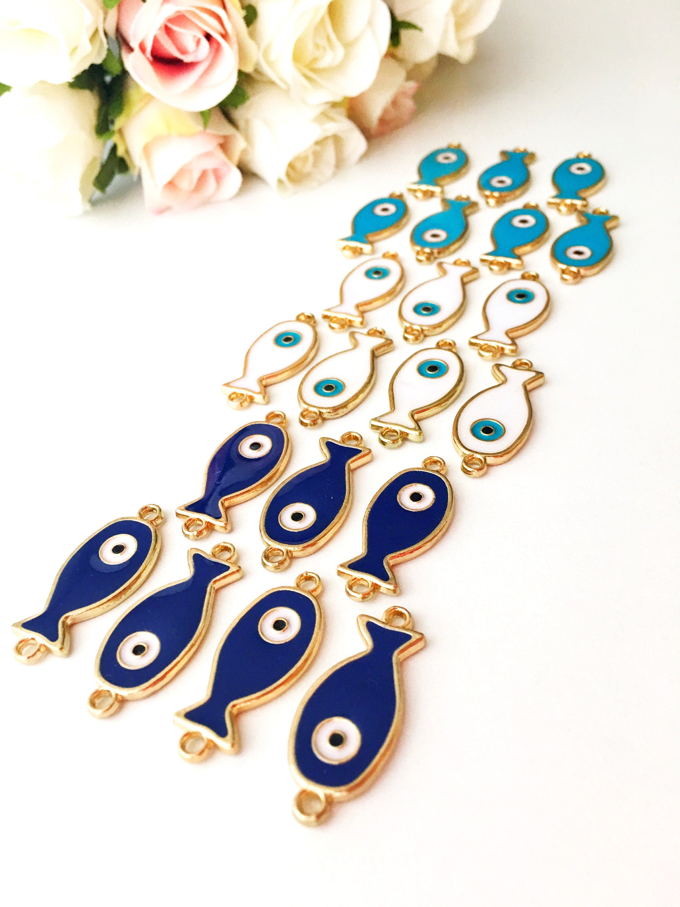 Set of 2 Evil Eye Fish Charms - Gold Plated Brass with Turquoise Pendant and Blue Enamel - 24mm Size - Jewelry & Watches - Bijou Her -  -  - 