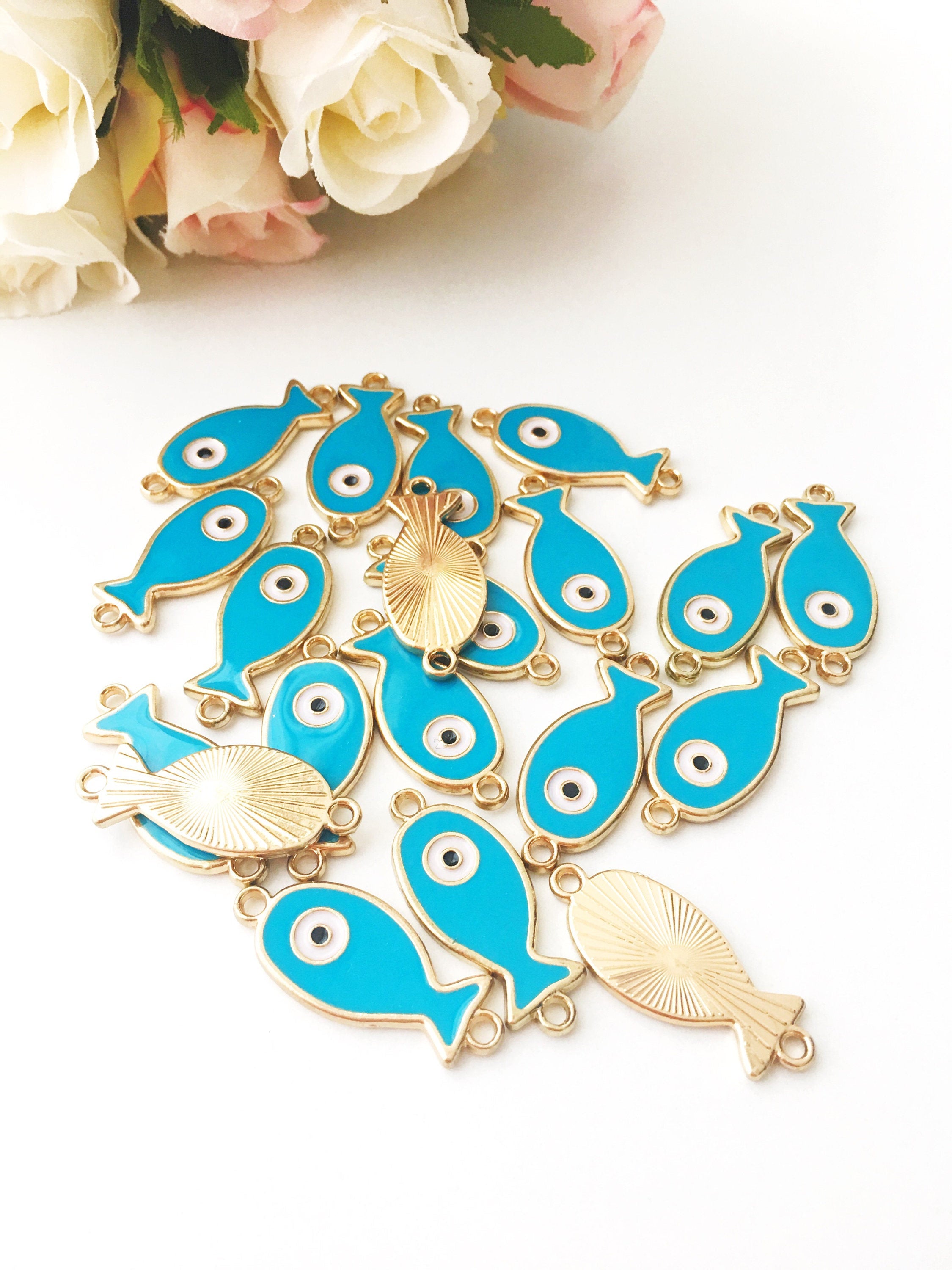 Set of 2 Evil Eye Fish Charms - Gold Plated Brass with Turquoise Pendant and Blue Enamel - 24mm Size - Jewelry & Watches - Bijou Her -  -  - 