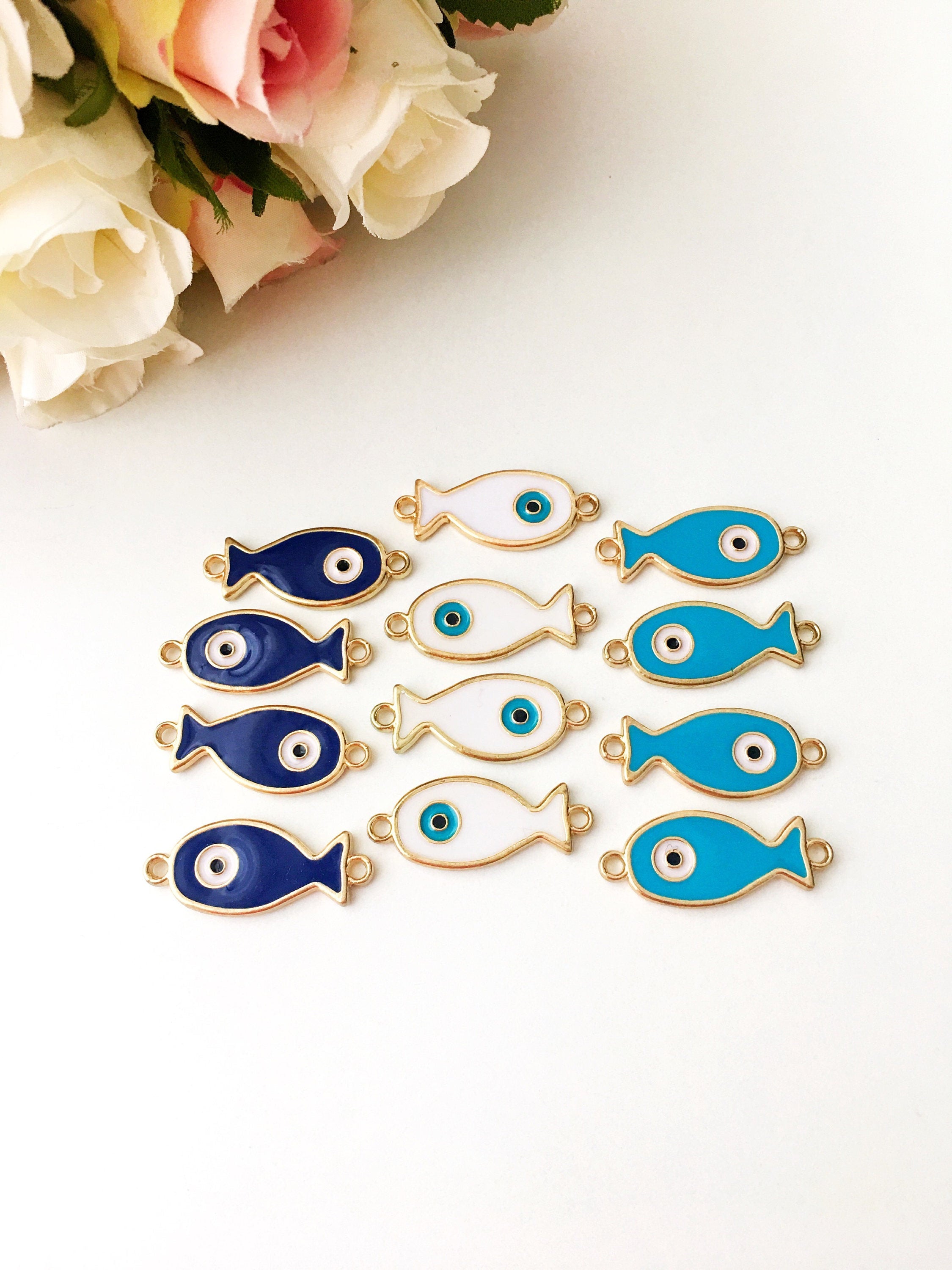 Set of 2 Evil Eye Fish Charms - Gold Plated Brass with Turquoise Pendant and Blue Enamel - 24mm Size - Jewelry & Watches - Bijou Her -  -  - 