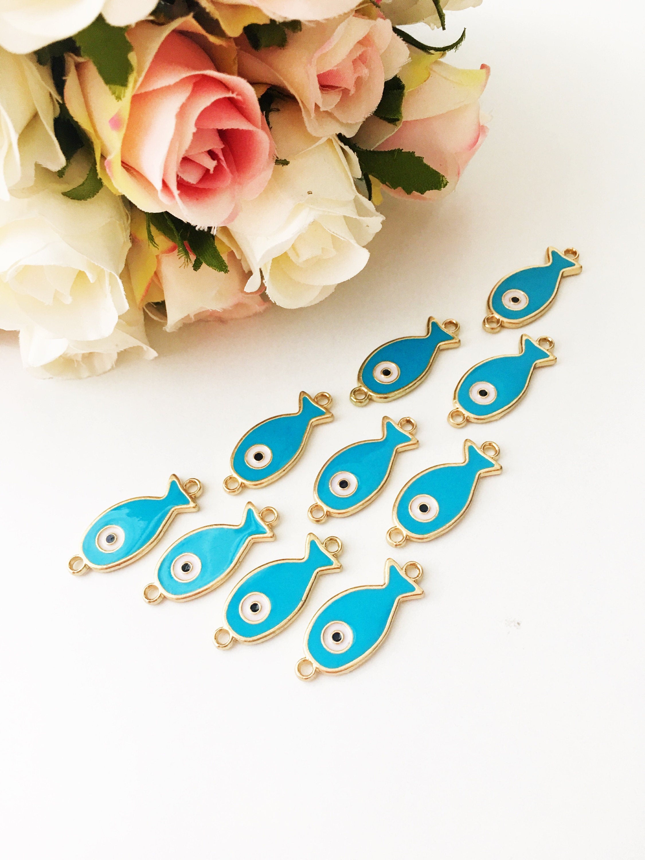 Set of 2 Evil Eye Fish Charms - Gold Plated Brass with Turquoise Pendant and Blue Enamel - 24mm Size - Jewelry & Watches - Bijou Her -  -  - 