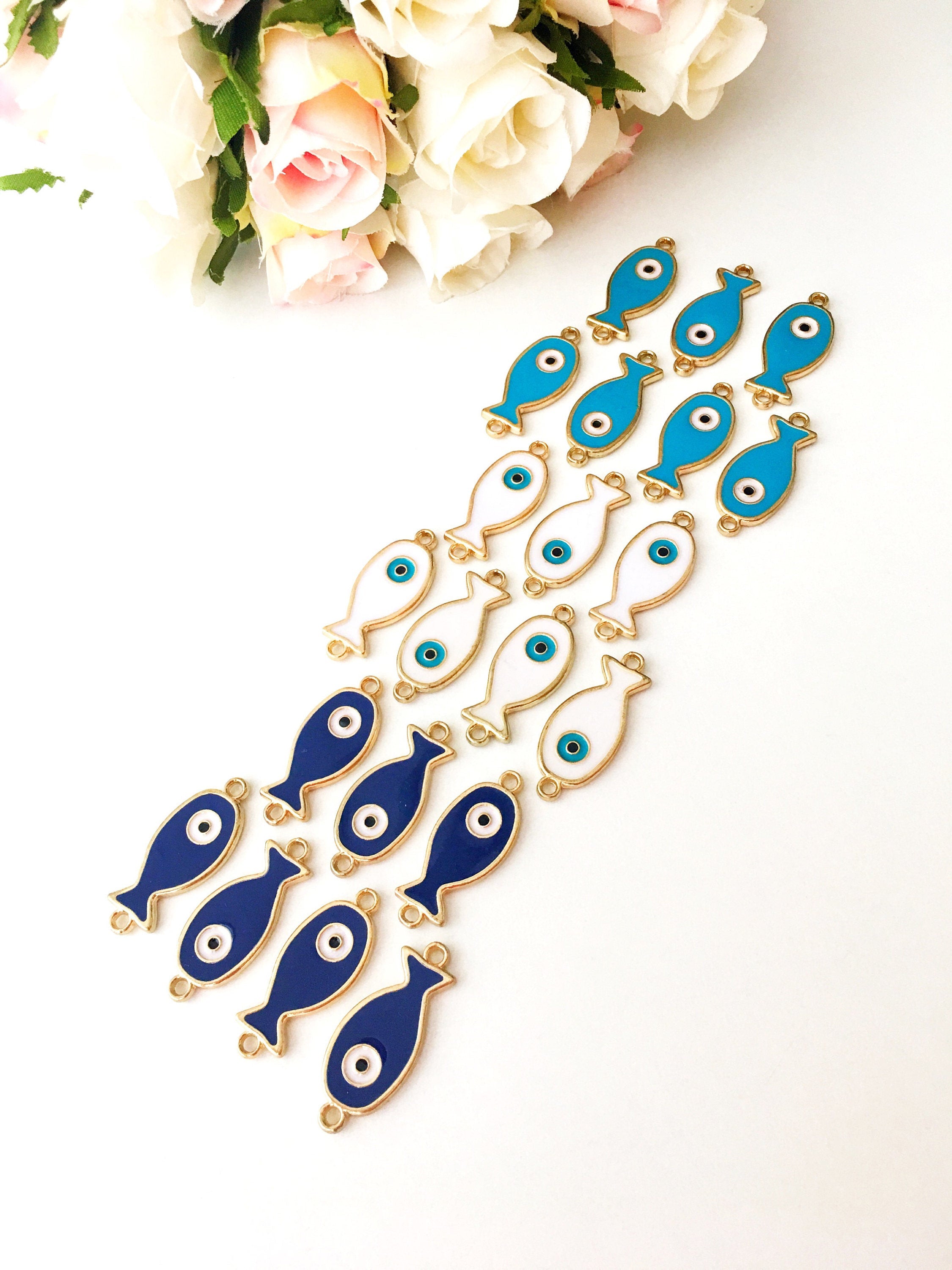 Set of 2 Evil Eye Fish Charms - Gold Plated Brass with Turquoise Pendant and Blue Enamel - 24mm Size - Jewelry & Watches - Bijou Her -  -  - 