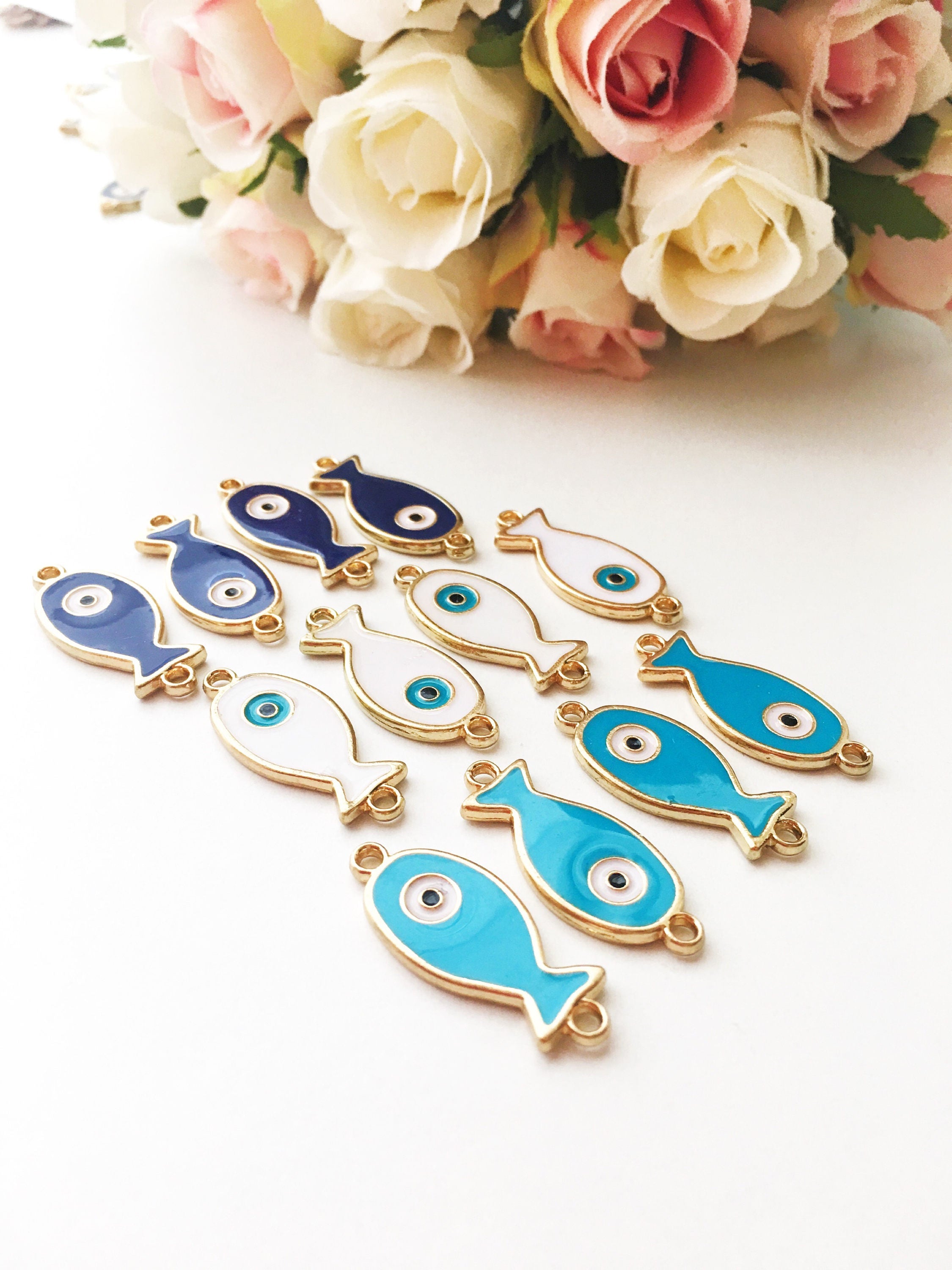 Set of 2 Evil Eye Fish Charms - Gold Plated Brass with Turquoise Pendant and Blue Enamel - 24mm Size - Jewelry & Watches - Bijou Her -  -  - 