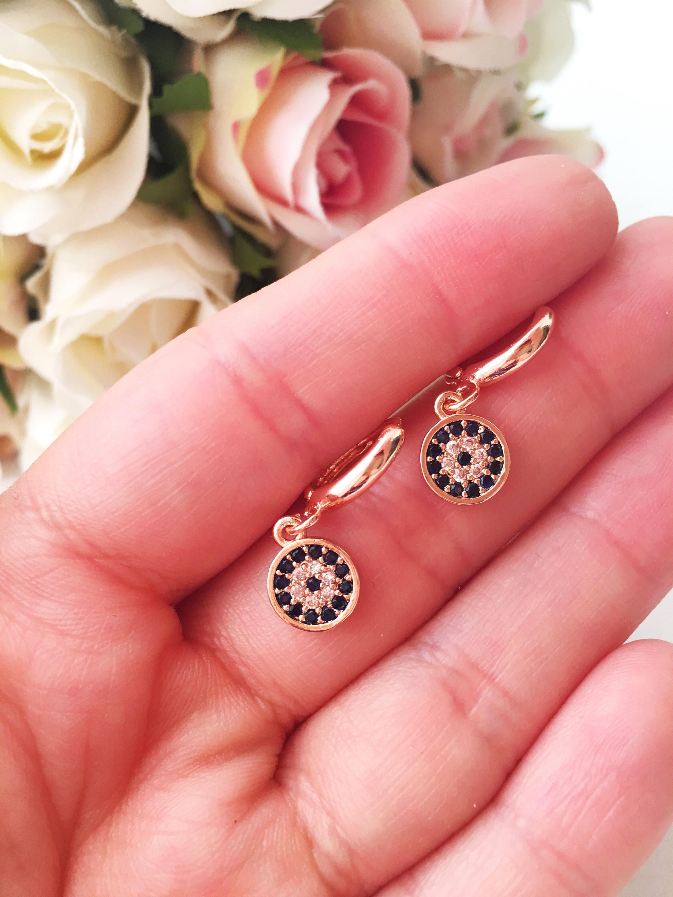 Handmade Rose Gold Evil Eye Hoop Earrings - Minimal Zirconia Jewelry - Jewelry & Watches - Bijou Her -  -  - 