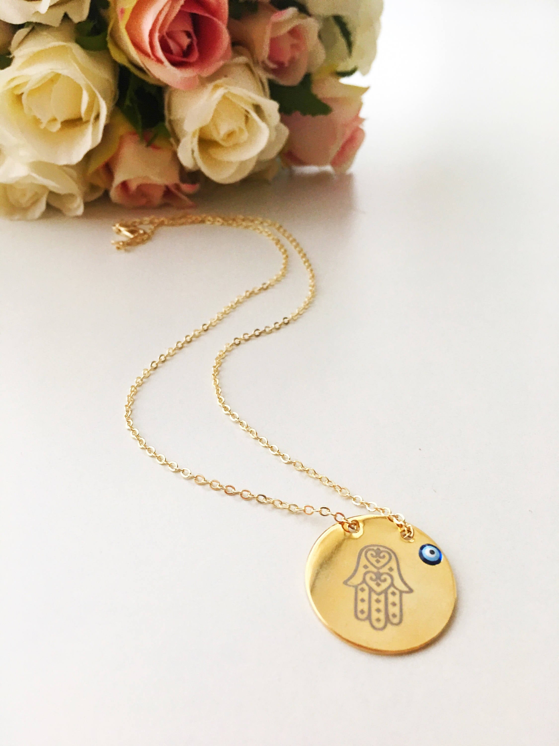 Handmade Gold Plate Hamsa Evil Eye Necklace with Nazar Boncuk Disc - Jewelry & Watches - Bijou Her -  -  - 