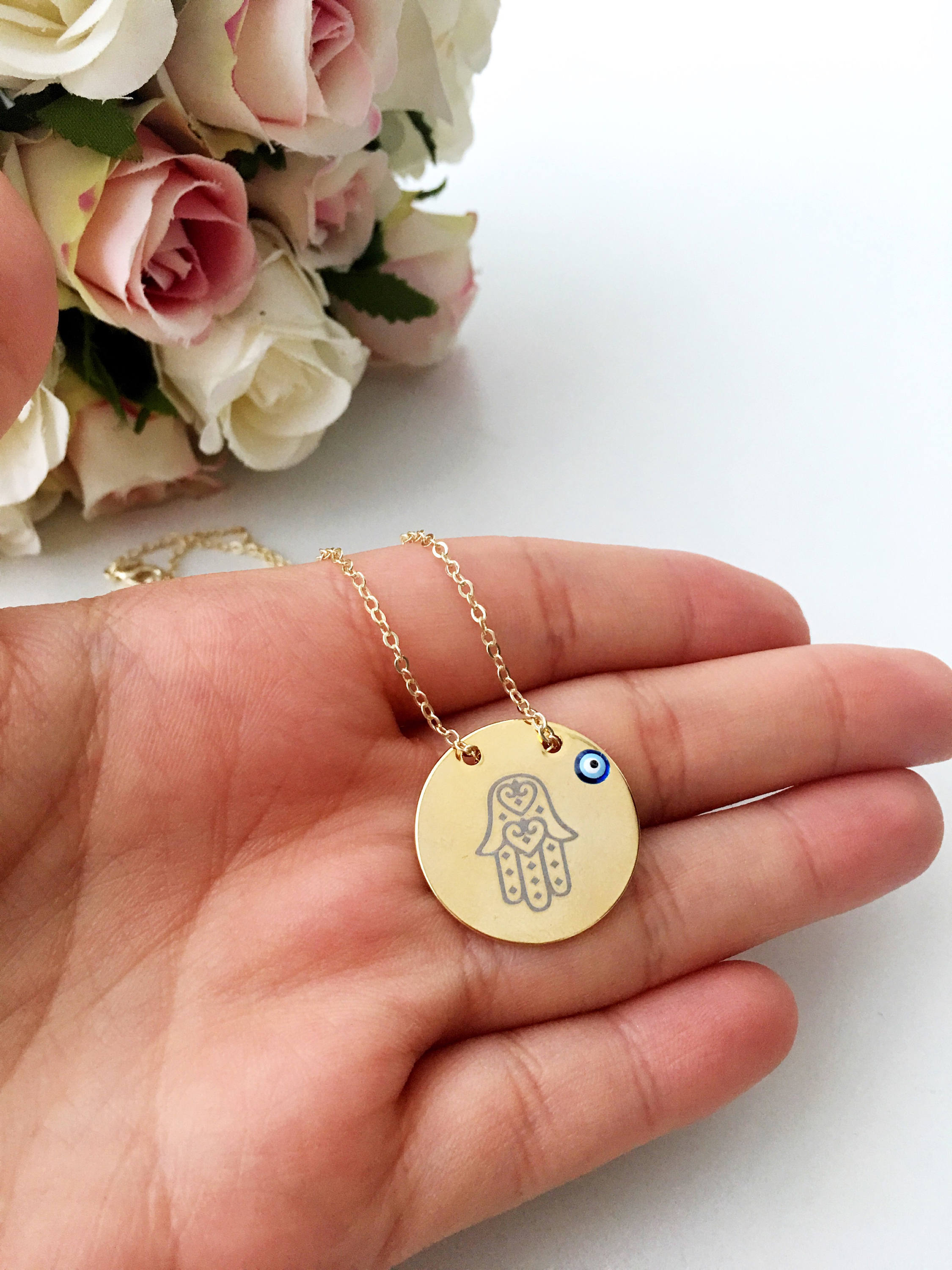 Handmade Gold Plate Hamsa Evil Eye Necklace with Nazar Boncuk Disc - Jewelry & Watches - Bijou Her -  -  - 