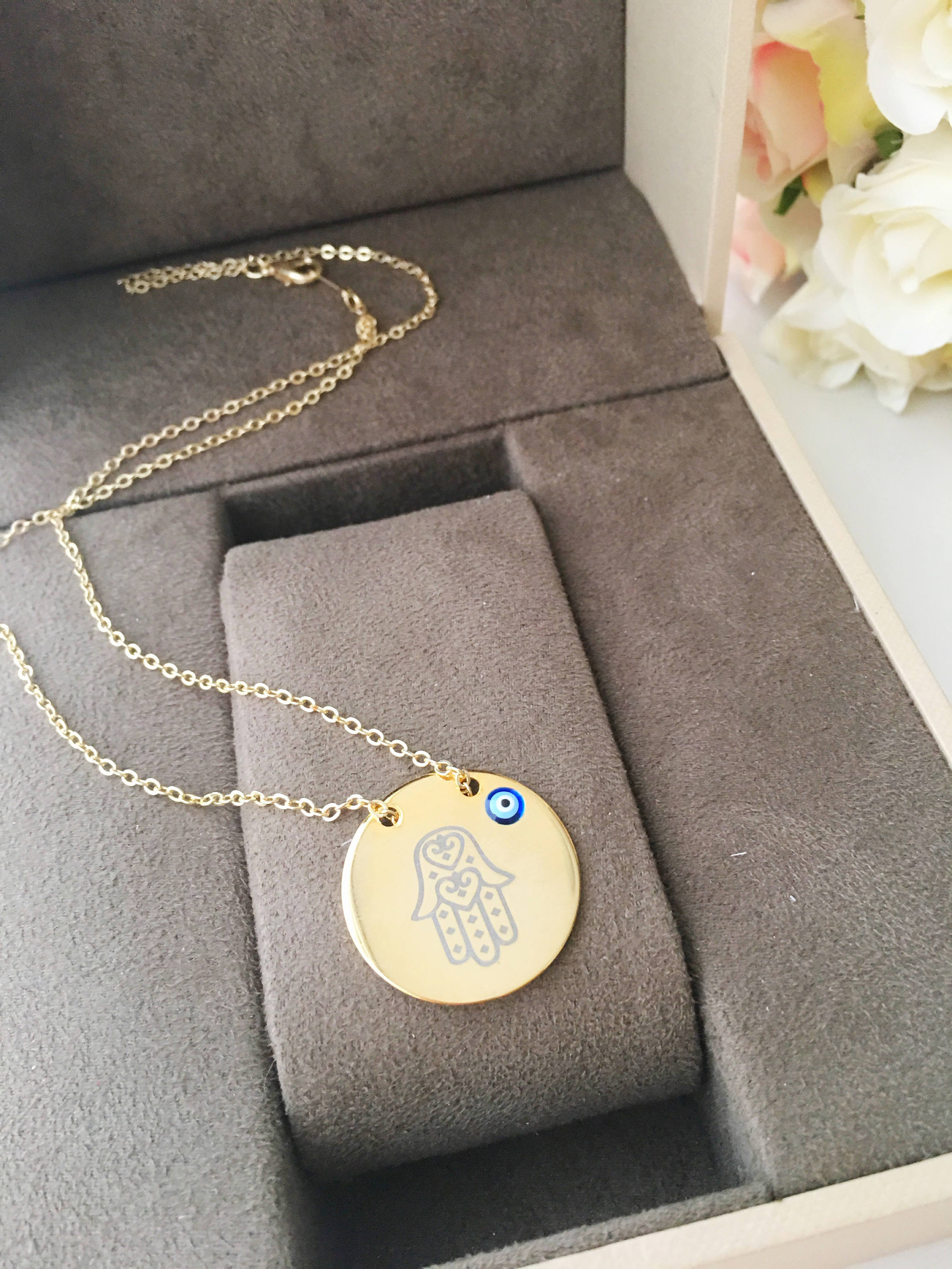 Handmade Gold Plate Hamsa Evil Eye Necklace with Nazar Boncuk Disc - Jewelry & Watches - Bijou Her -  -  - 