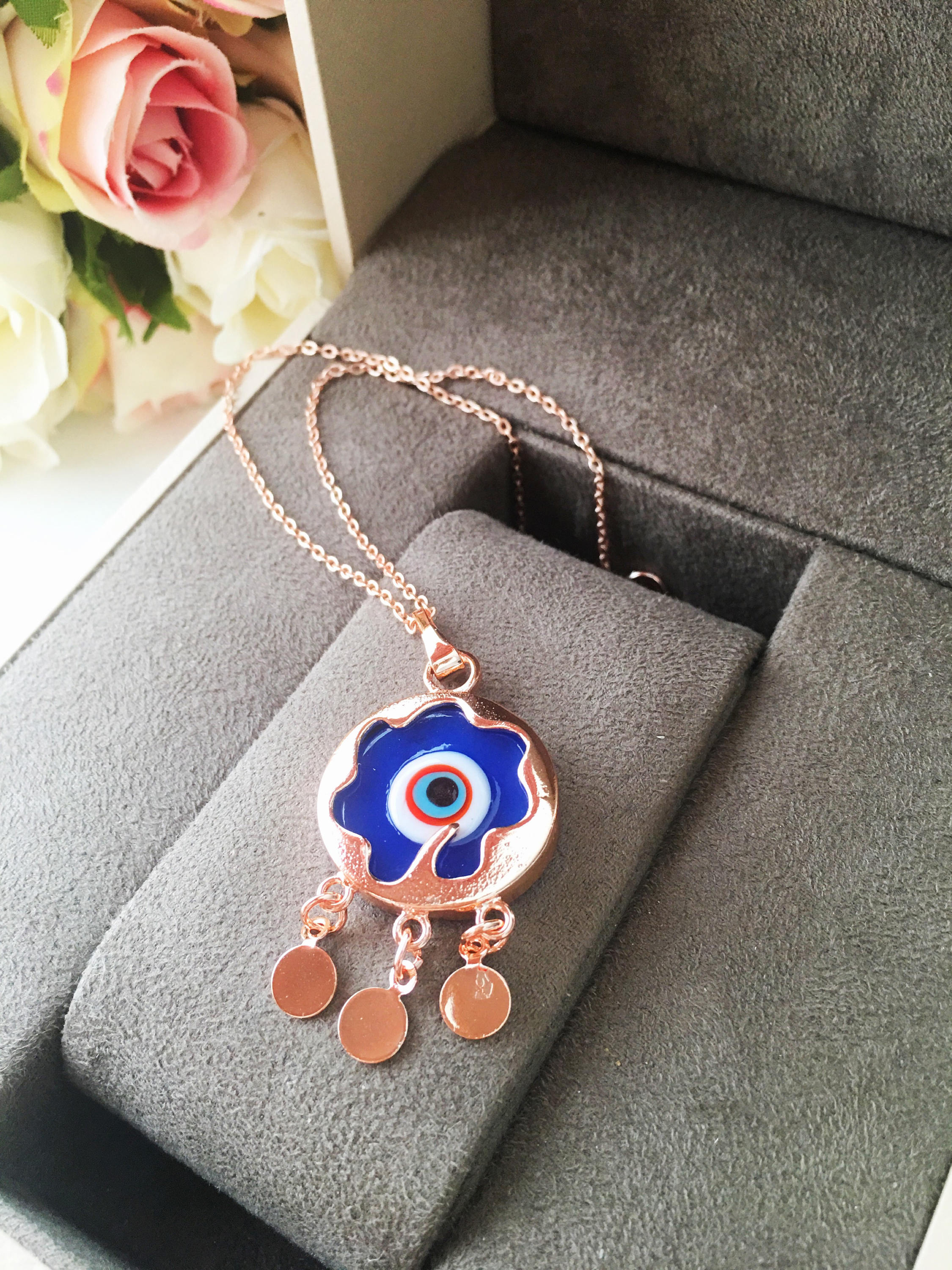 Handmade Murano Glass Evil Eye Necklace with Rose Gold Chain - Adjustable Length 50cm - Turkish Nazar Boncuk Jewelry - Jewelry & Watches - Bijou Her -  -  - 