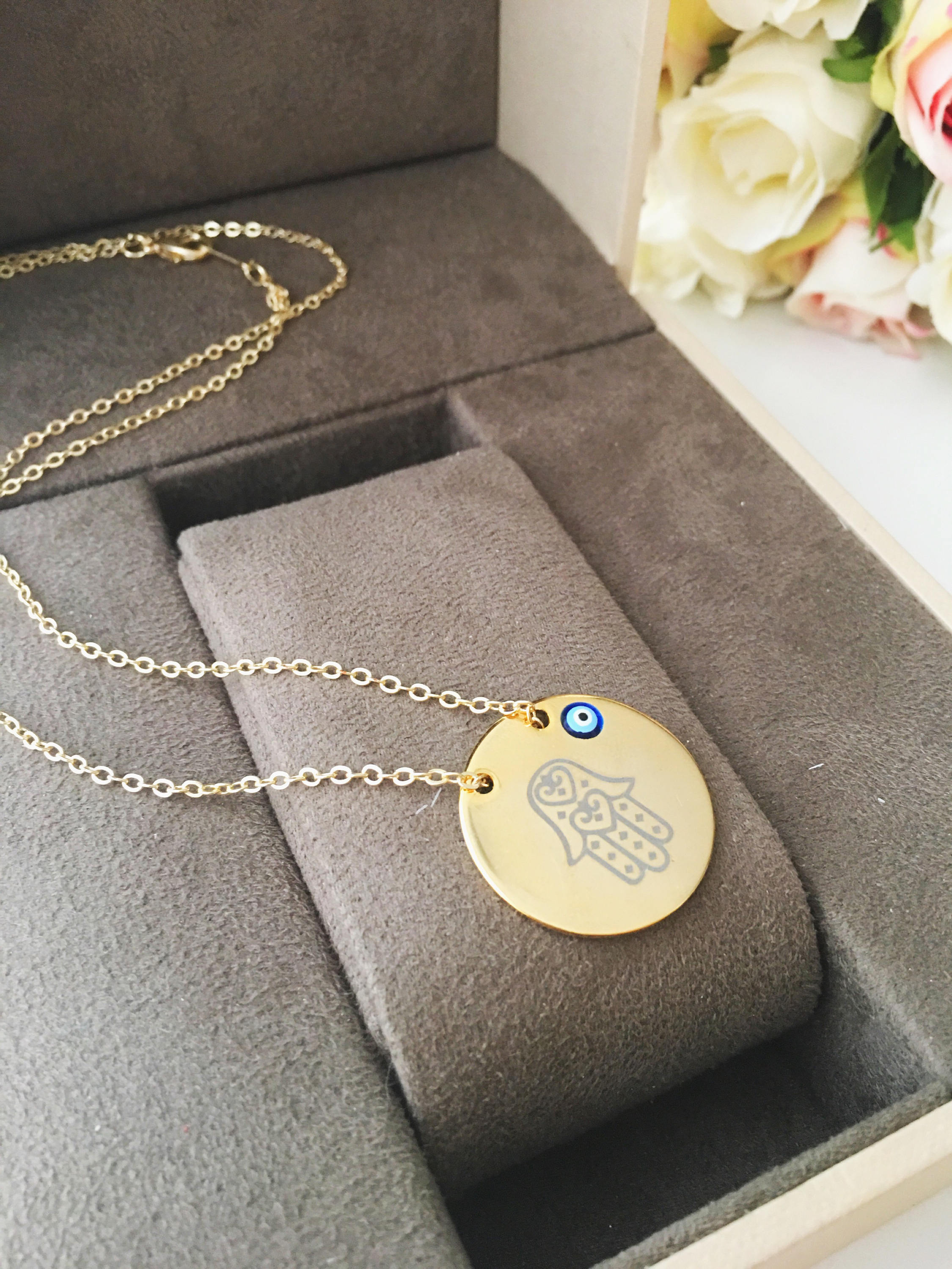 Handmade Gold Plate Hamsa Evil Eye Necklace with Nazar Boncuk Disc - Jewelry & Watches - Bijou Her -  -  - 