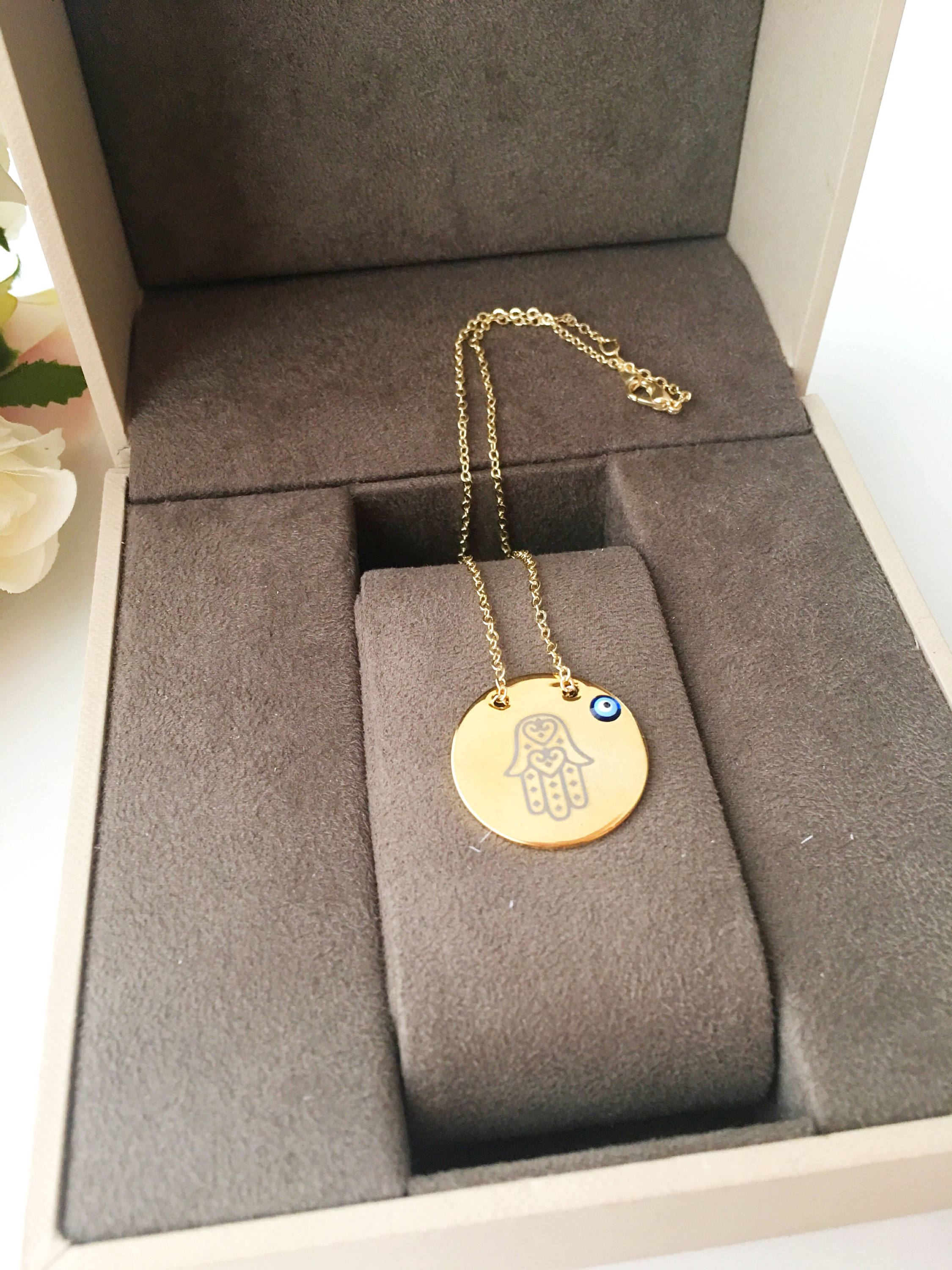 Handmade Gold Plate Hamsa Evil Eye Necklace with Nazar Boncuk Disc - Jewelry & Watches - Bijou Her -  -  - 