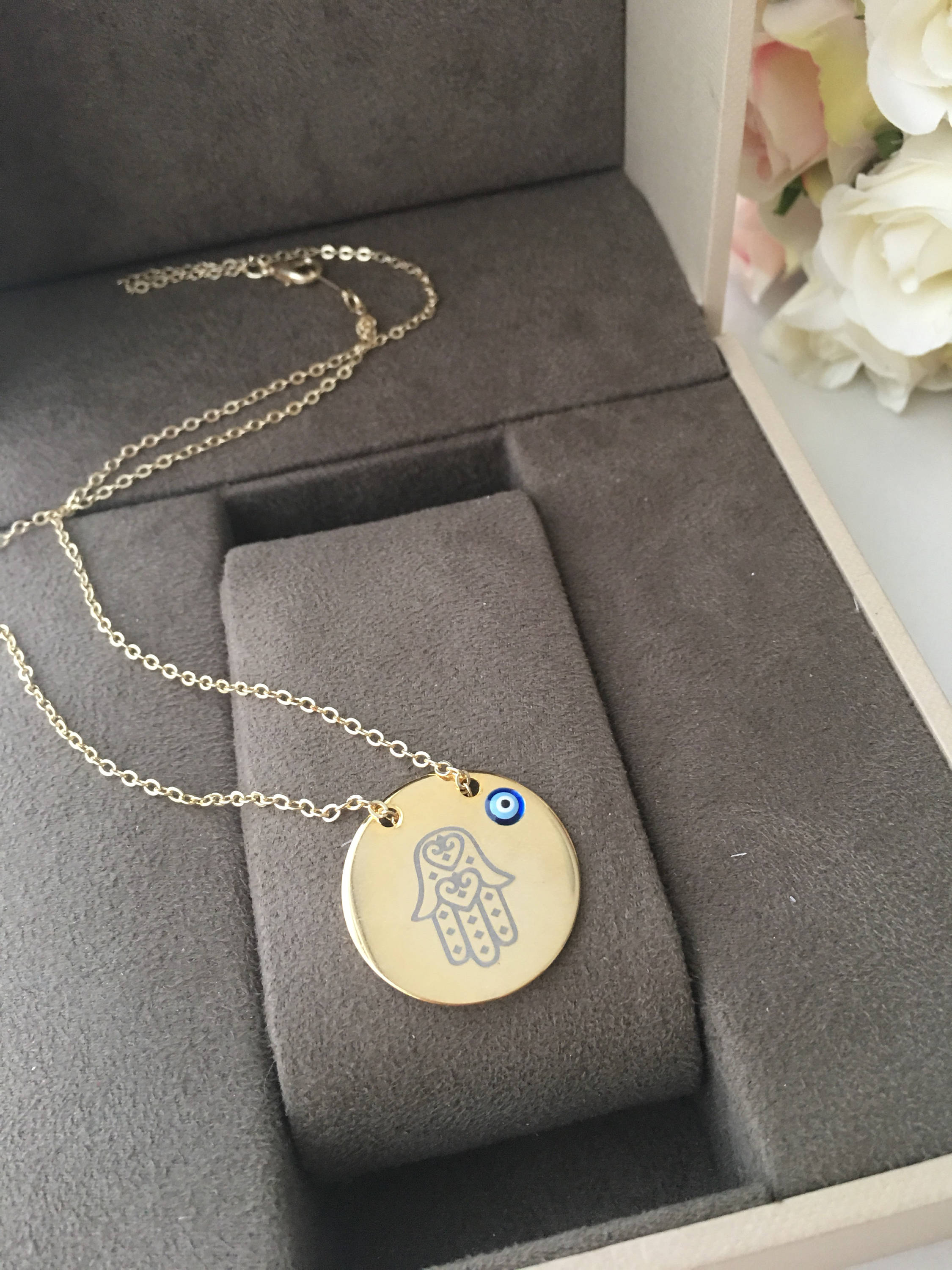 Handmade Gold Plate Hamsa Evil Eye Necklace with Nazar Boncuk Disc - Jewelry & Watches - Bijou Her -  -  - 