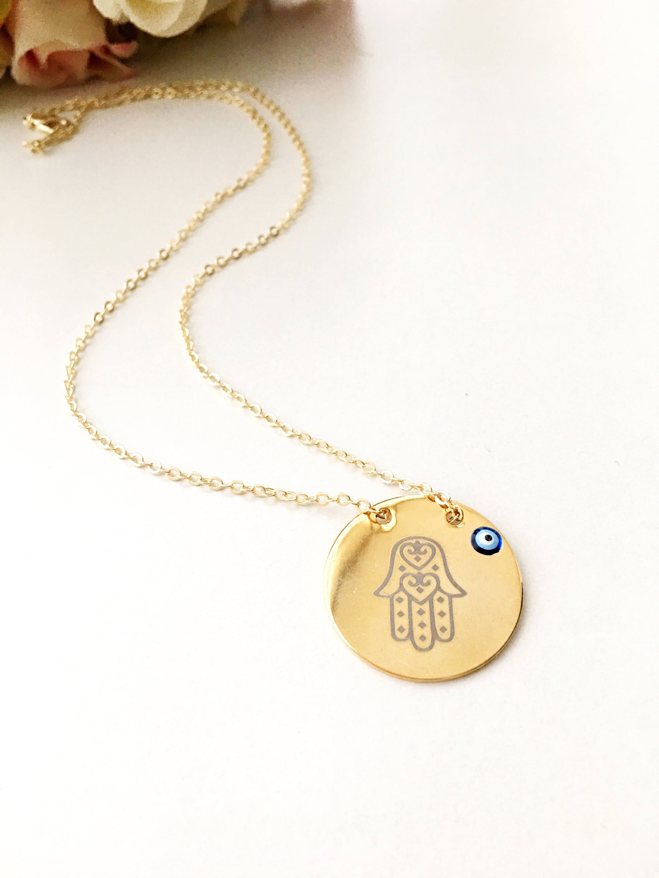 Handmade Gold Plate Hamsa Evil Eye Necklace with Nazar Boncuk Disc - Jewelry & Watches - Bijou Her -  -  - 