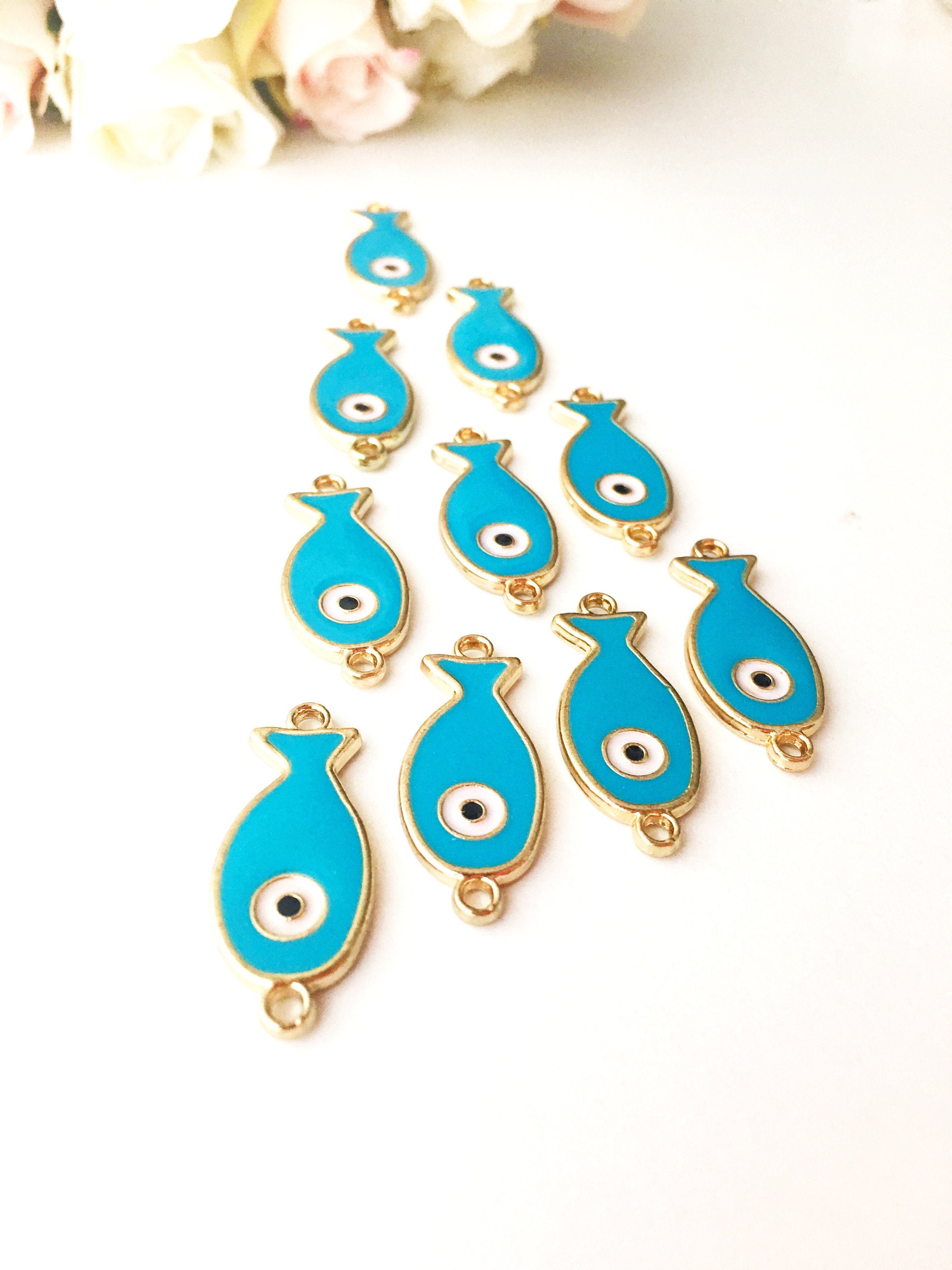 Set of 2 Evil Eye Fish Charms - Gold Plated Brass with Turquoise Pendant and Blue Enamel - 24mm Size - Jewelry & Watches - Bijou Her -  -  - 