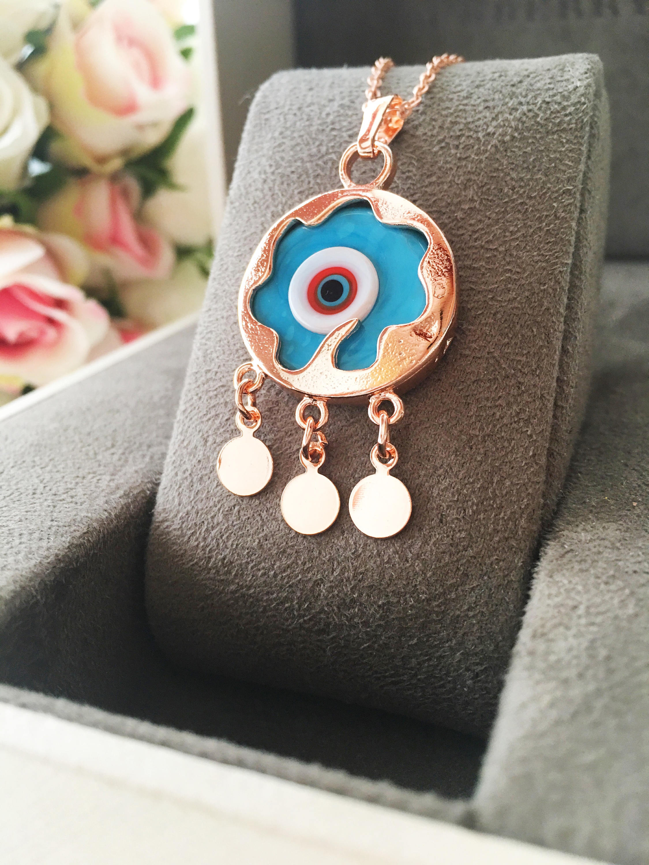 Handmade Murano Glass Evil Eye Necklace with Rose Gold Chain - Adjustable Length 50cm - Turkish Nazar Boncuk Jewelry - Jewelry & Watches - Bijou Her -  -  - 