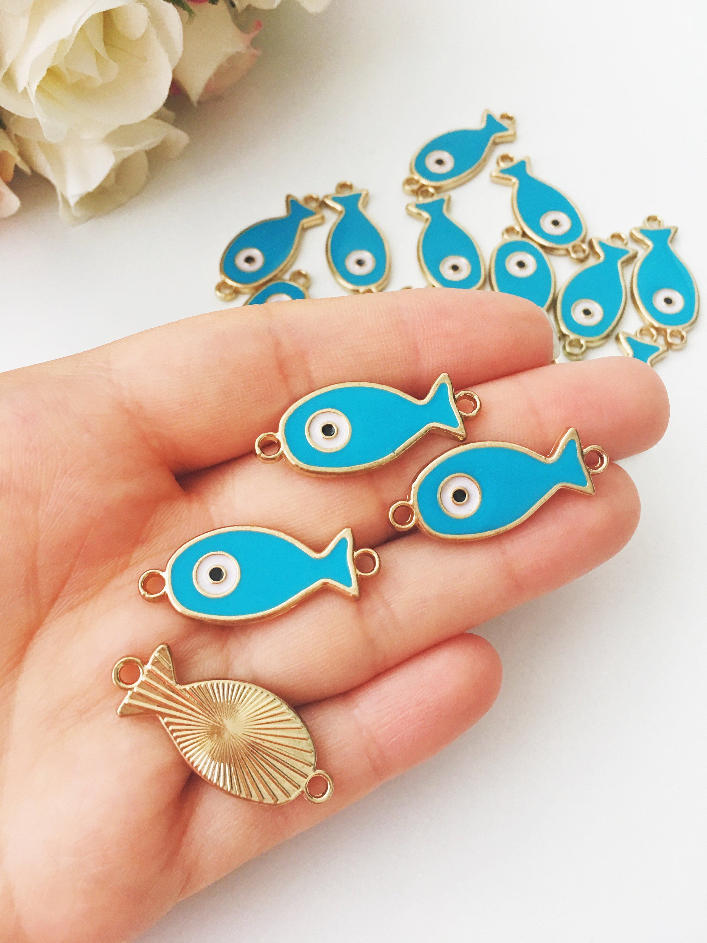 Set of 2 Evil Eye Fish Charms - Gold Plated Brass with Turquoise Pendant and Blue Enamel - 24mm Size - Jewelry & Watches - Bijou Her -  -  - 