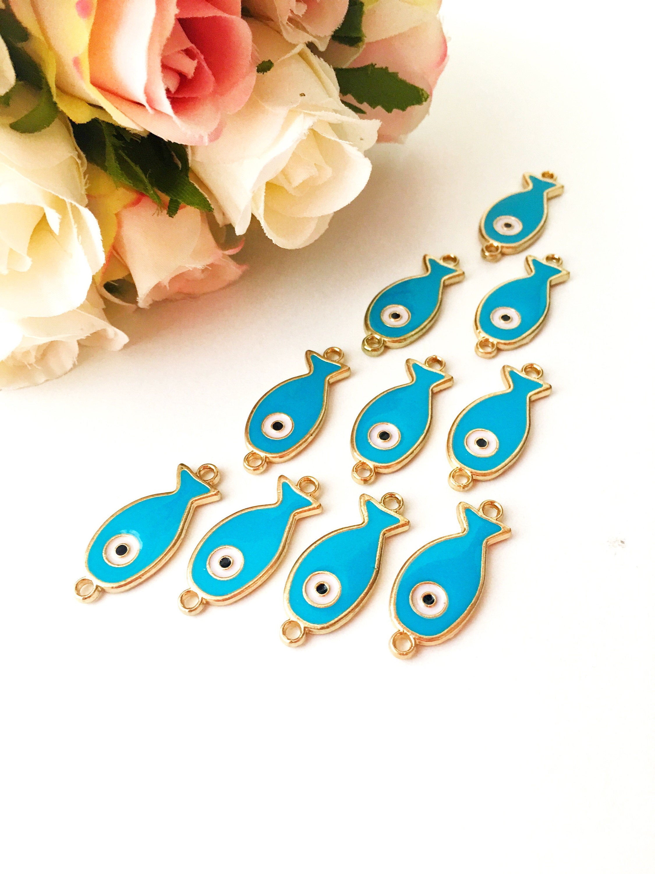 Set of 2 Evil Eye Fish Charms - Gold Plated Brass with Turquoise Pendant and Blue Enamel - 24mm Size - Jewelry & Watches - Bijou Her -  -  - 