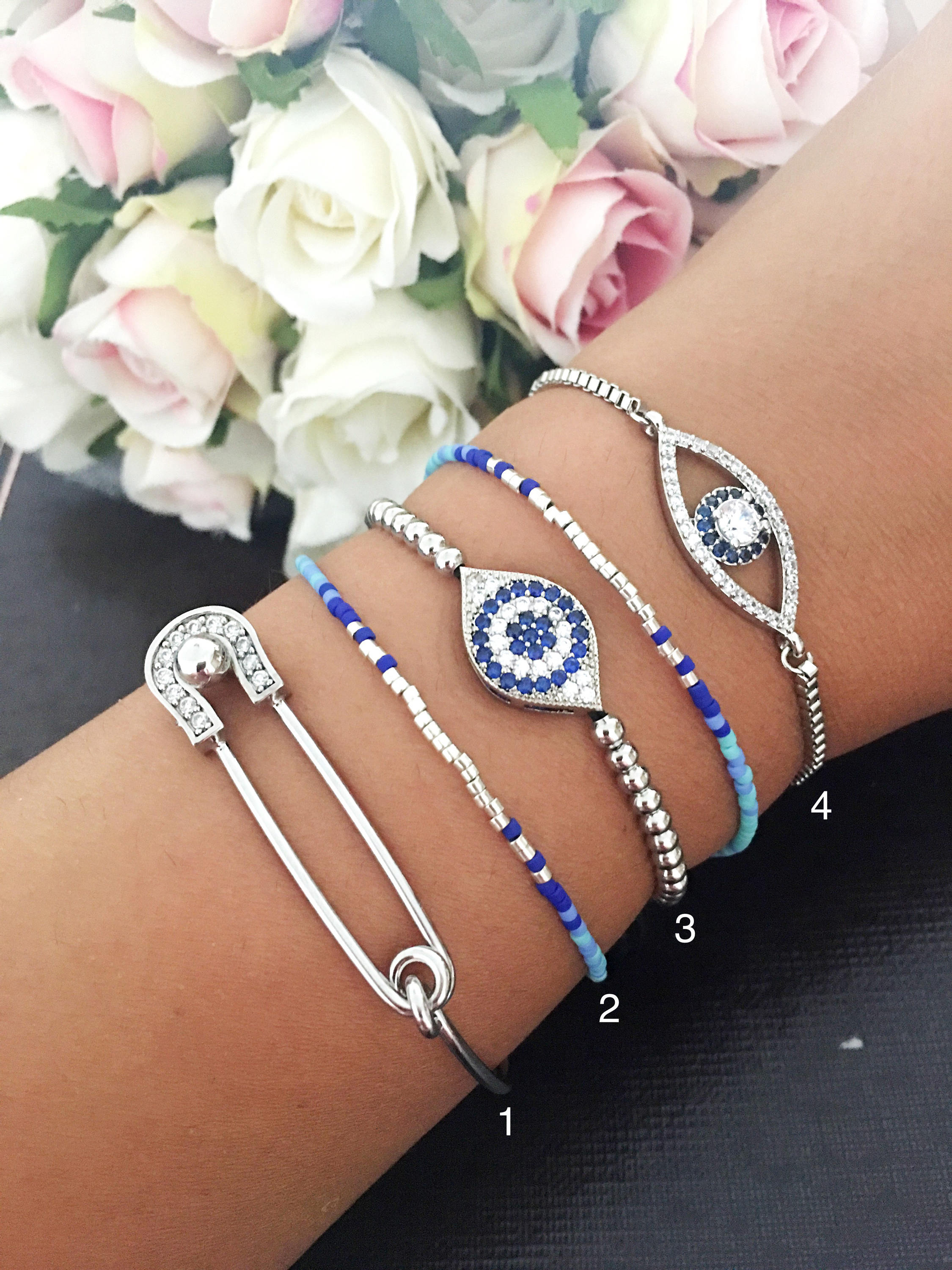 Handmade Silver Evil Eye Bracelet Set - Adjustable Bangle, Beaded, Zirconia & Safety Pin Styles 
Keywords: Handmade, Silver, Evil Eye, Bracelet Set, Adjustable, Bangle, Beaded, Zirconia, Safety Pin, - Jewelry & Watches - Bijou Her -  -  - 