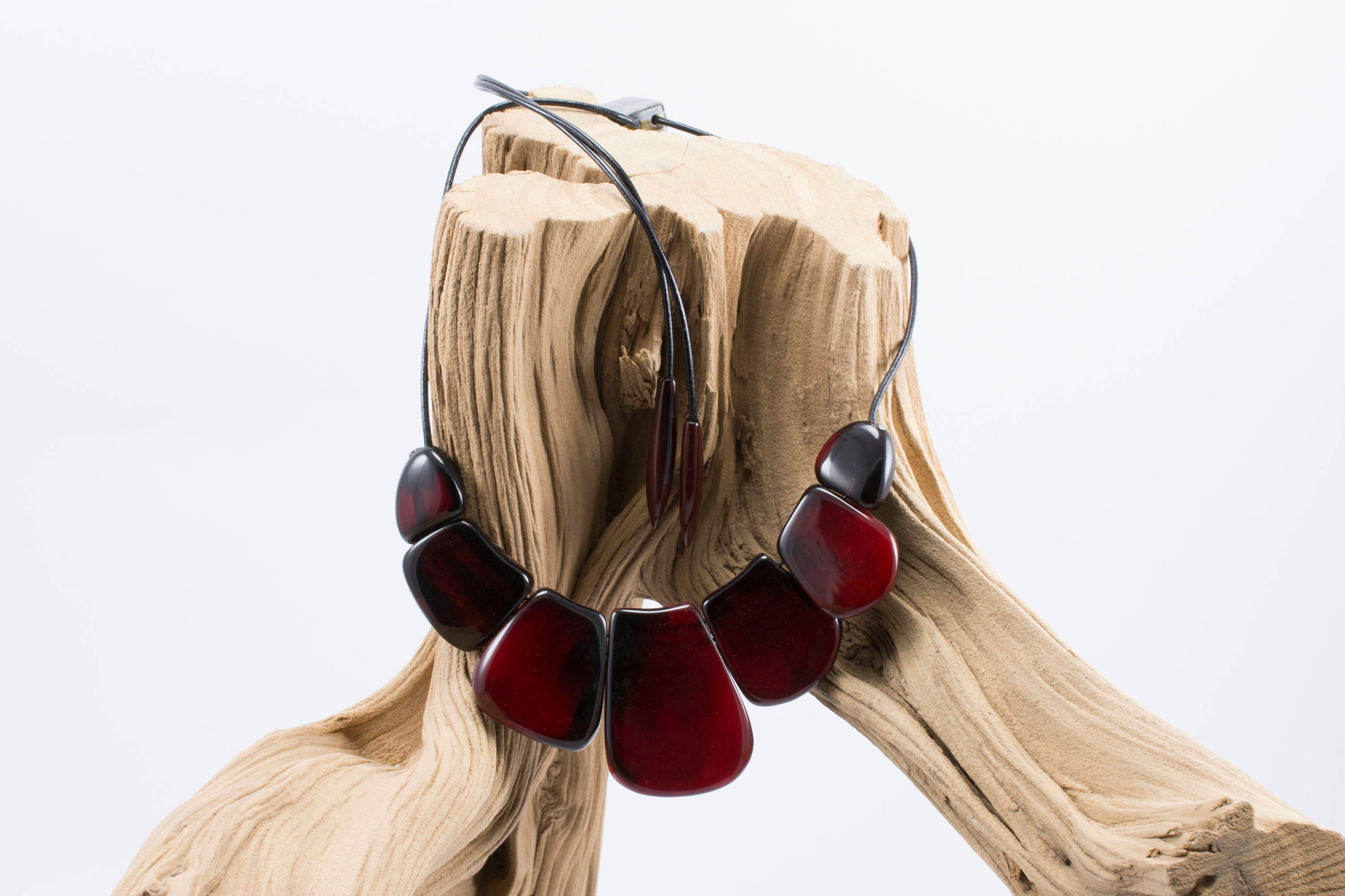 Handmade Natural Horn Red Necklace with Volumetric Smooth Ovals and Leather Cord Teardrop Clasp - Jewelry & Watches - Bijou Her -  -  - 