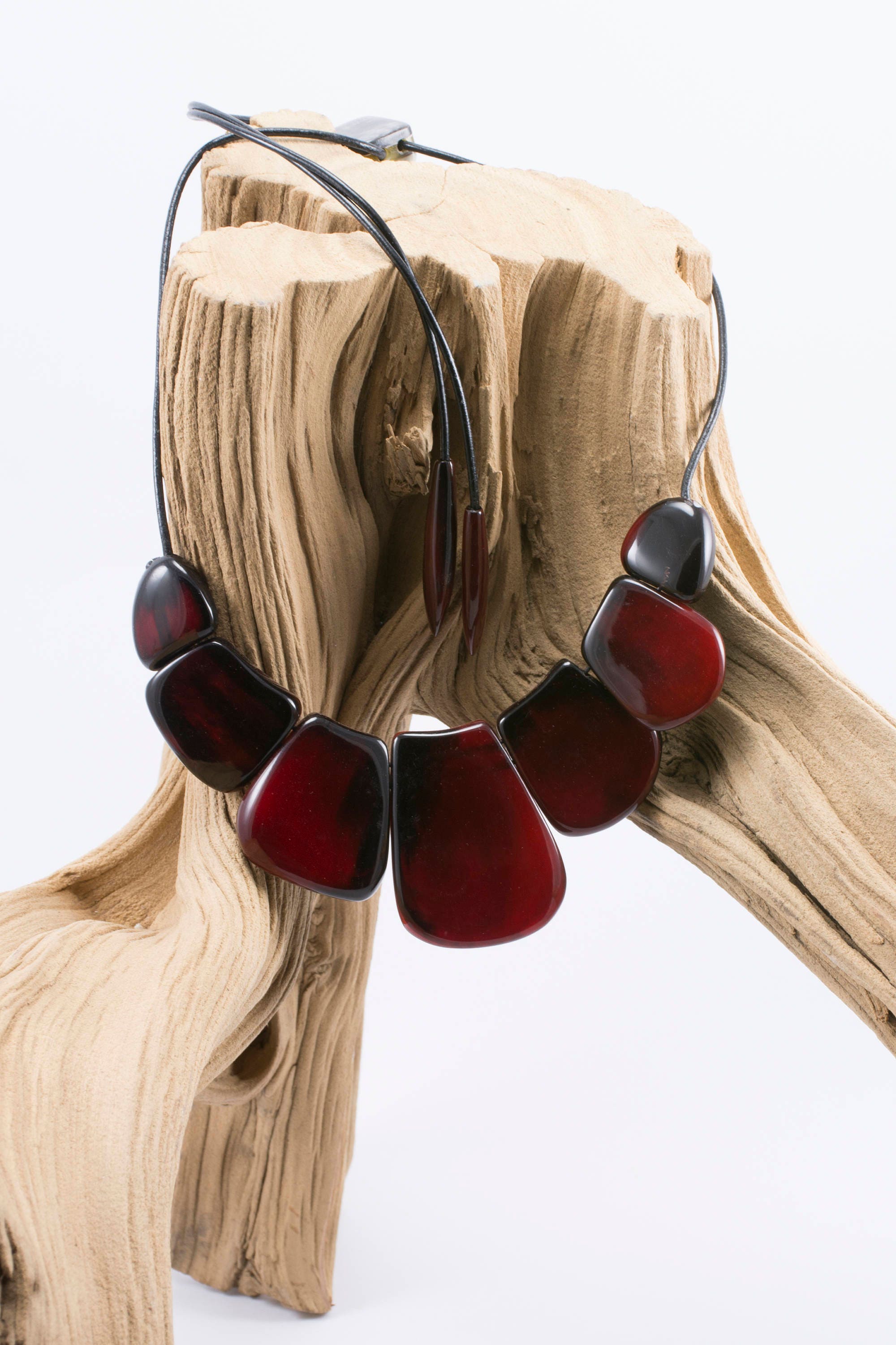 Handmade Natural Horn Red Necklace with Volumetric Smooth Ovals and Leather Cord Teardrop Clasp - Jewelry & Watches - Bijou Her -  -  - 