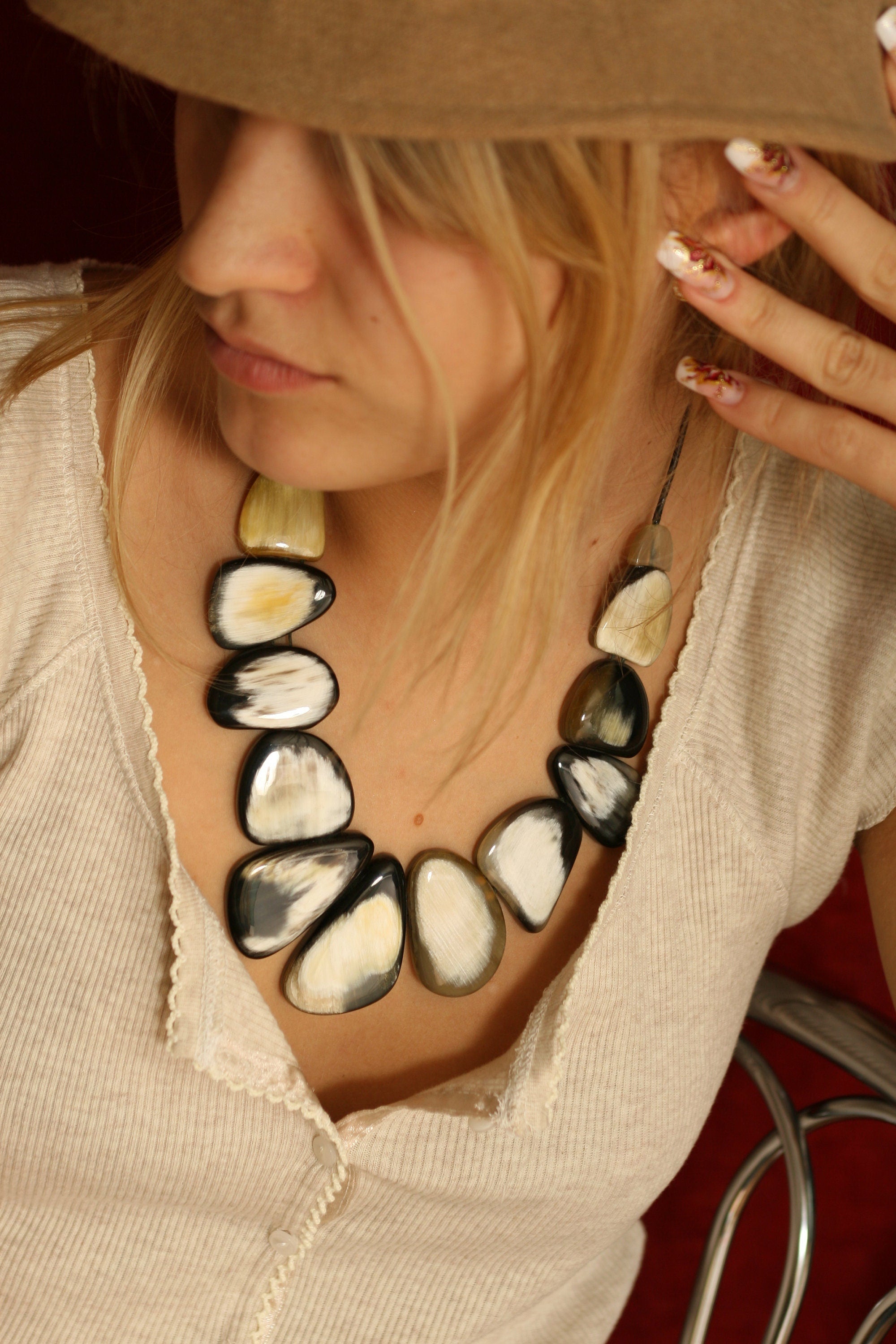 Handmade Bull Horn Necklace "Sea Stones" - Unique and Beautiful Pendant with Leather Cord and Horn Clasp - Jewelry & Watches - Bijou Her -  -  - 