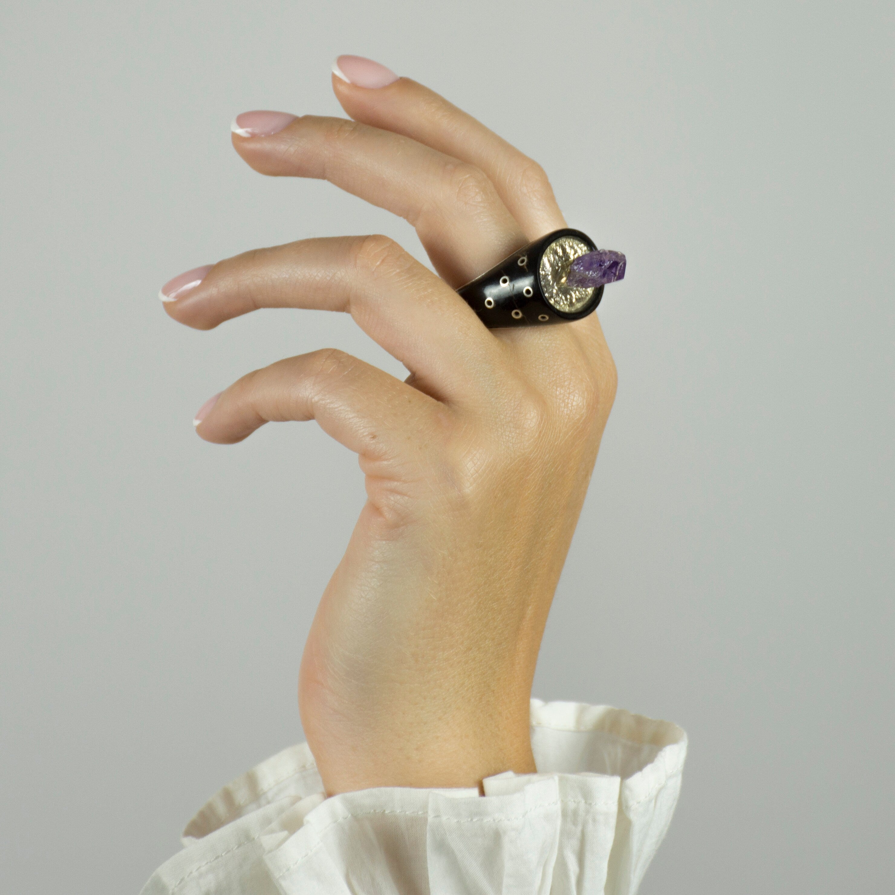 Handmade Multi-Gemstone Ring with Amethyst Stone in 925 Sterling Silver and Bull Horns - Jewelry & Watches - Bijou Her -  -  - 