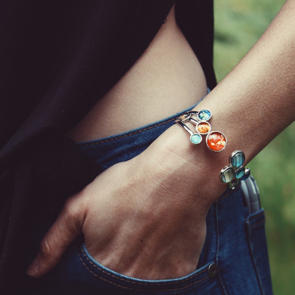 Solar System Adjustable Cuff Bracelet - Rhodium Plated Brass & Glass Materials, Handcrafted, 9 Planets & Sun Design, Care Instructions Included - Jewelry & Watches - Bijou Her -  -  - 