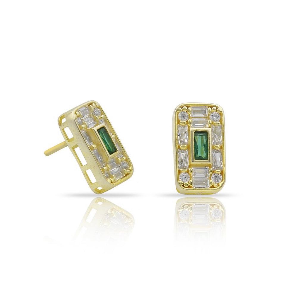 Green Baguette Stud Earrings in 925 Sterling Silver with Cubic Zirconia Accents - Jewelry & Watches - Bijou Her -  -  - 