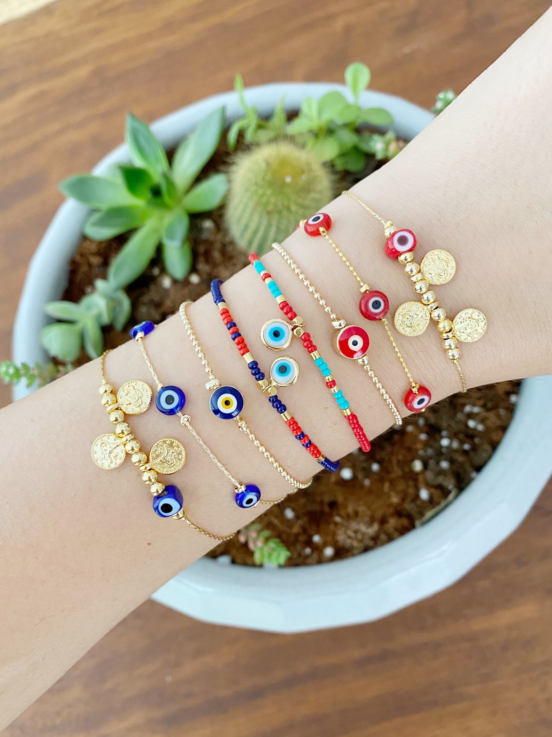 Handmade Evil Eye Charm Bracelet with Gold Chain and Blue/Red Beads - Greek Murano Jewelry - Jewelry & Watches - Bijou Her -  -  - 