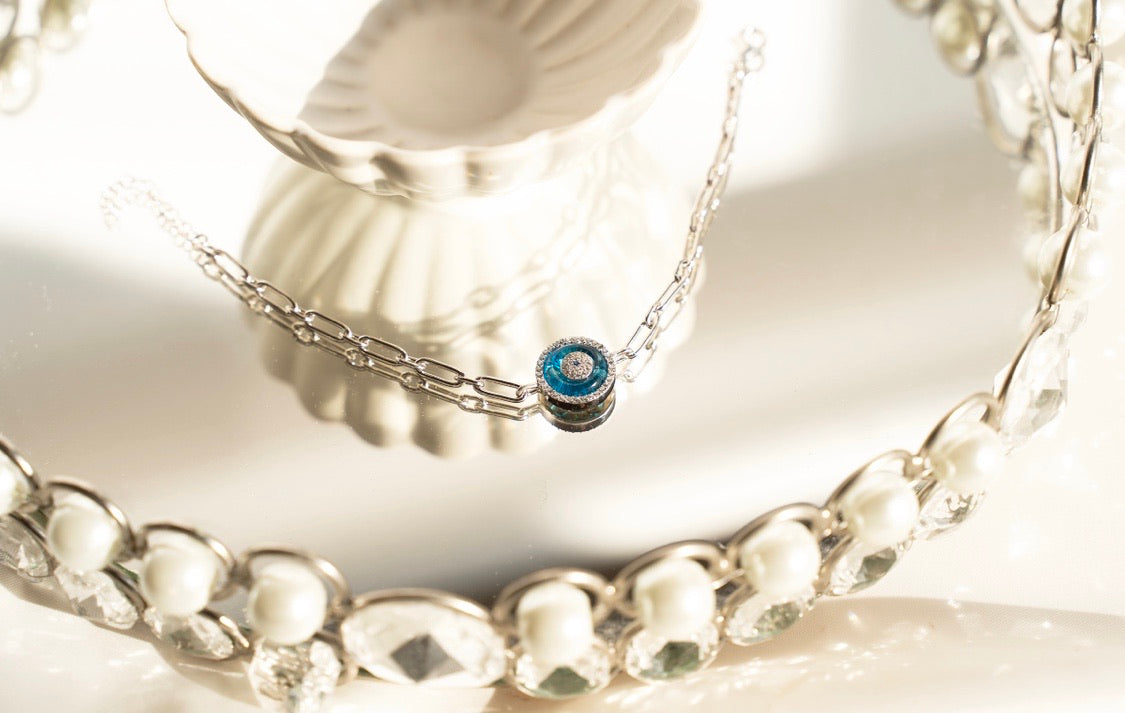 Ocean-Blue Evil Eye Bracelet with Cubic Zirconias - 925 Sterling Silver, Adjustable Length - Jewelry & Watches - Bijou Her -  -  - 
