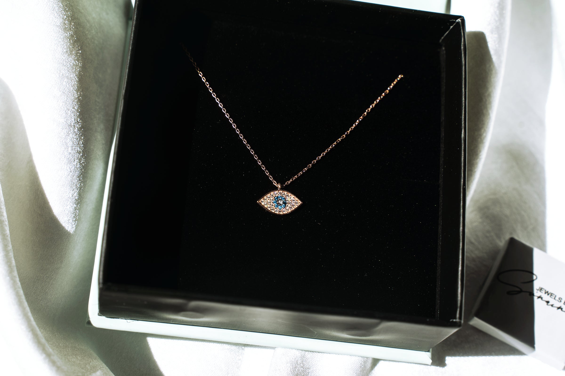 Rose Gold Plated Evil Eye Necklace with Cubic Zirconias - 925 Sterling Silver, 16-18" Length - Jewelry & Watches - Bijou Her -  -  - 