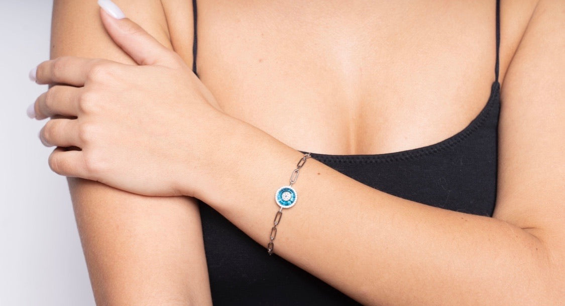 Ocean-Blue Evil Eye Bracelet with Cubic Zirconias - 925 Sterling Silver, Adjustable Length - Jewelry & Watches - Bijou Her -  -  - 