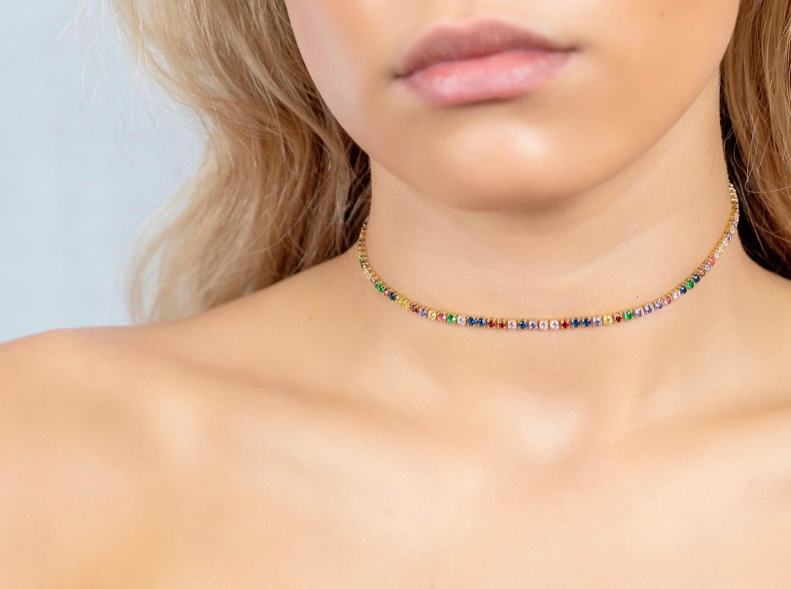 Multi-Color Tennis Chain Necklace - Boho-Chic Choker in 925 Sterling Silver with 18K Gold Plating, 14" Length - Jewelry & Watches - Bijou Her -  -  - 