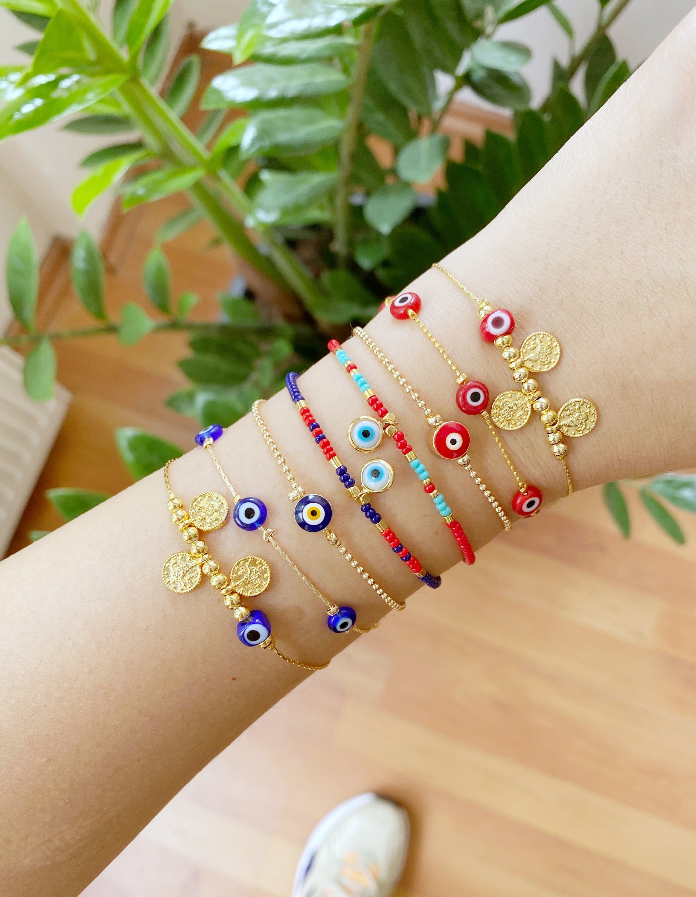 Handmade Evil Eye Charm Bracelet with Gold Chain and Blue/Red Beads - Greek Murano Jewelry - Jewelry & Watches - Bijou Her -  -  - 