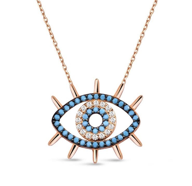 Sparkling Evil Eye Necklace with Nano Turquoise and CZ in Sterling Silver - Jewelry & Watches - Bijou Her -  -  - 