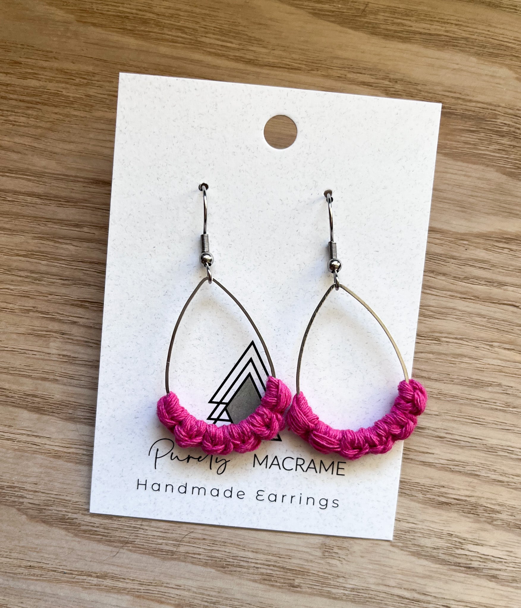 Lightweight Hot Pink and Silver Macrame Teardrop Earrings for Glasses, Hair, Hand, Plant, and Vision Care - Earrings - Bijou Her -  -  - 