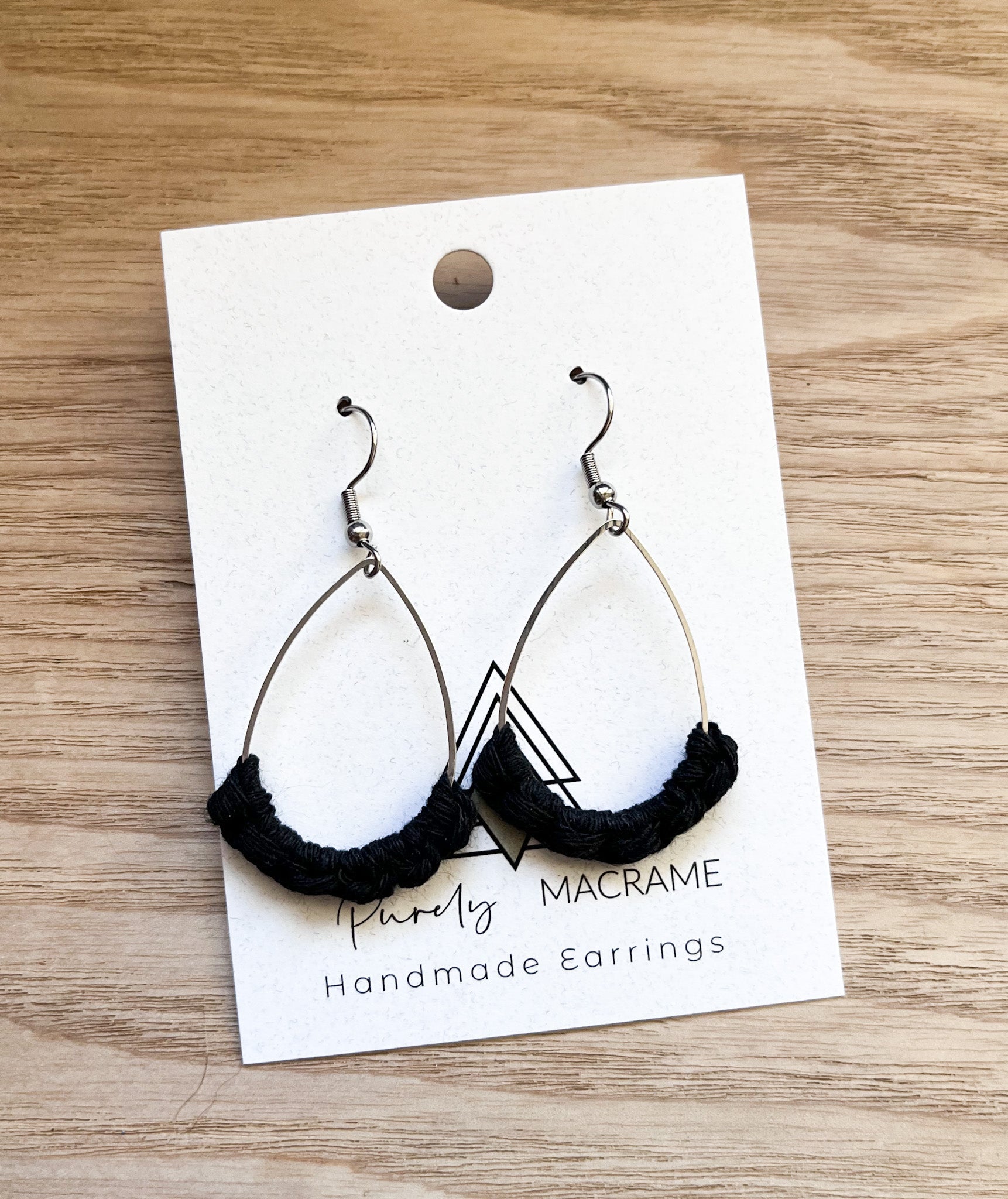 Lightweight Black and Silver Macrame Teardrop Earrings for Glasses, Plants, and Vision Care - Earrings - Bijou Her -  -  - 