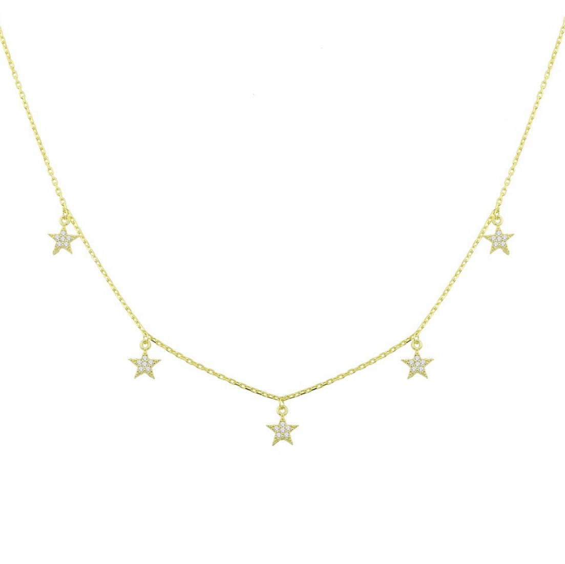 Shiny Star Necklace with Cubic Zirconias - 925 Sterling Silver, Yellow Gold Plating, 16-18" Length" - Jewelry & Watches - Bijou Her -  -  - 