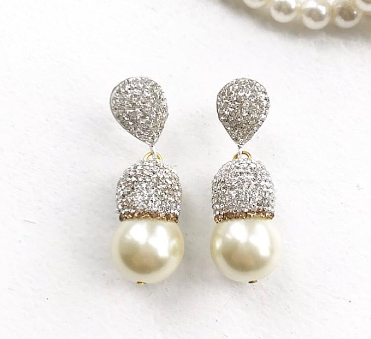 Pearl Drop Earrings with CZ Accents - Vintage-Inspired Double Drop Setting, 1.5in Length, Yellow Gold Plated Brass. - Jewelry & Watches - Bijou Her -  -  - 