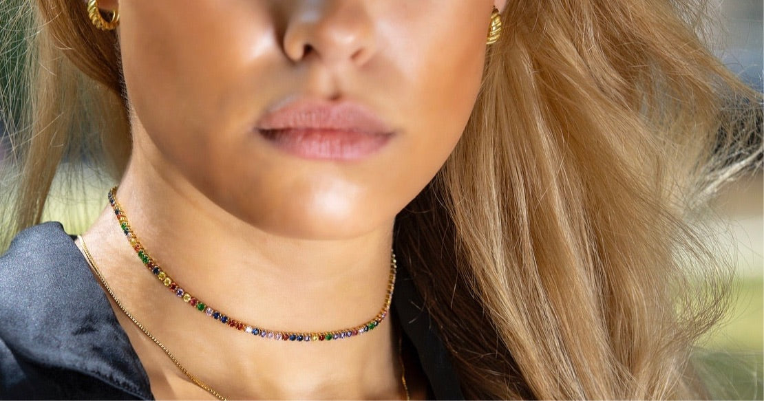 Multi-Color Tennis Chain Necklace - Boho-Chic Choker in 925 Sterling Silver with 18K Gold Plating, 14" Length - Jewelry & Watches - Bijou Her -  -  - 