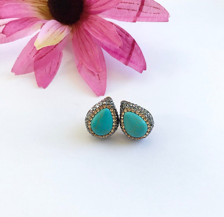 Turquoise Studs with Cubic Zirconia Pave Setting - 925 Sterling Silver, Yellow Gold Plated - Jewelry & Watches - Bijou Her -  -  - 