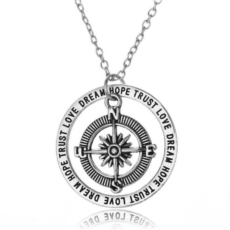 Love, Dream, Hope, Trust Compass Necklace - 19.5" Length, 1.5" Pendant, Zinc Alloy - Necklaces - Bijou Her -  -  - 