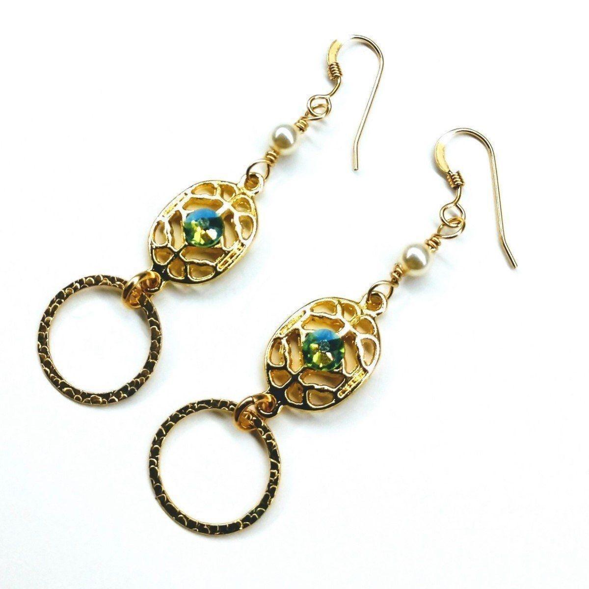 Handmade 14KT Gold-Filled Green Crystal Earrings with Swarovski Pearls & Filigree Component - Earrings - Bijou Her -  -  - 