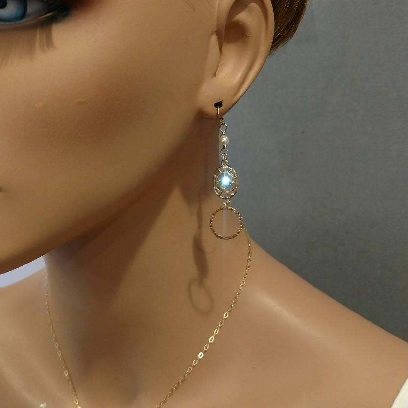 Handmade 14KT Gold-Filled Green Crystal Earrings with Swarovski Pearls & Filigree Component - Earrings - Bijou Her -  -  - 