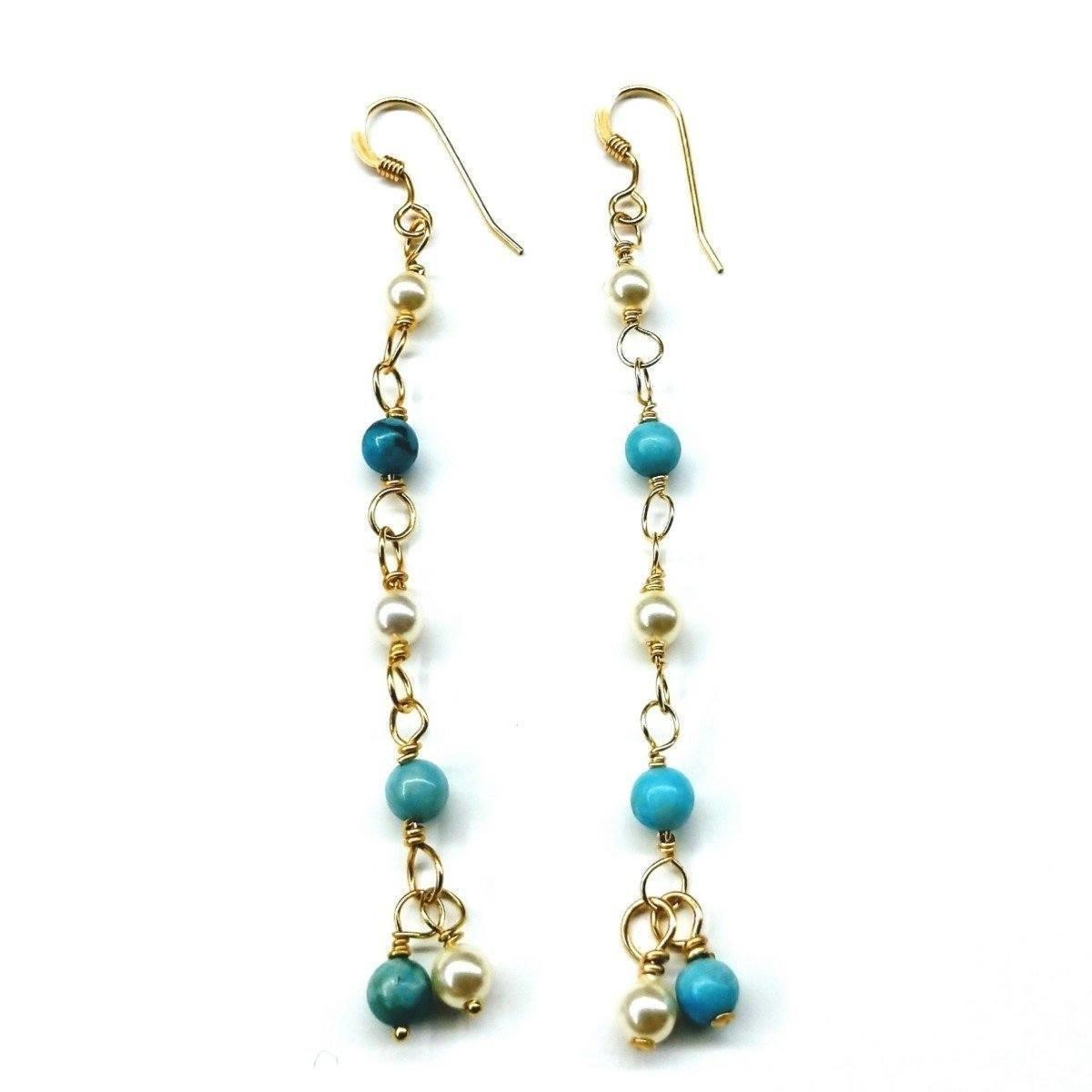 Long Turquoise Pearl Dangle Earrings - 14 KT Gold-Filled with Swarovski Pearls and Magnesite Beads - Earrings - Bijou Her -  -  - 