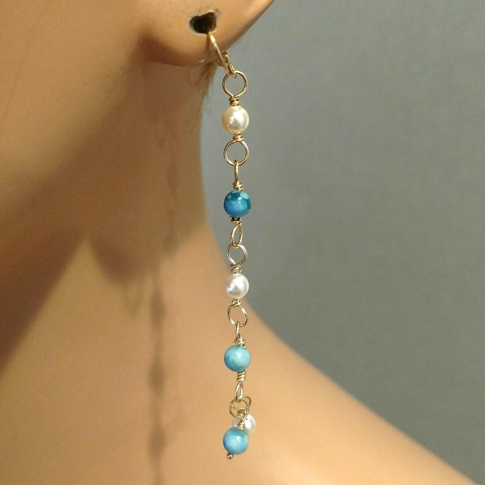 Long Turquoise Pearl Dangle Earrings - 14 KT Gold-Filled with Swarovski Pearls and Magnesite Beads - Earrings - Bijou Her -  -  - 