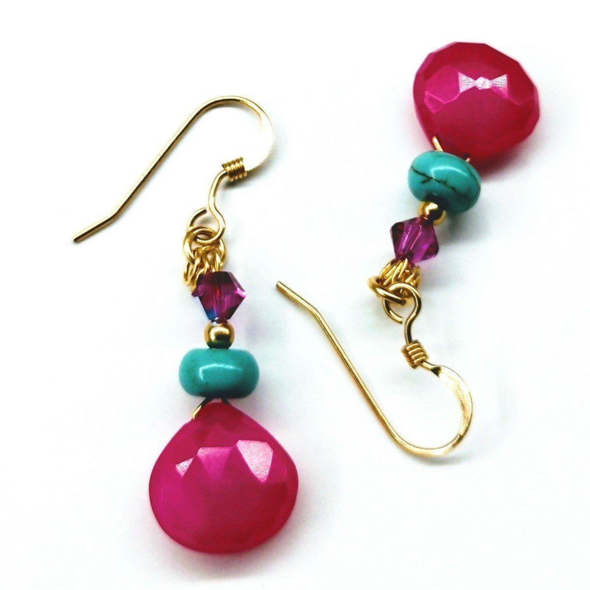 Handcrafted 14K Gold Filled Gemstone Earrings with Pink Chalcedony and Turquoise - Earrings - Bijou Her -  -  - 