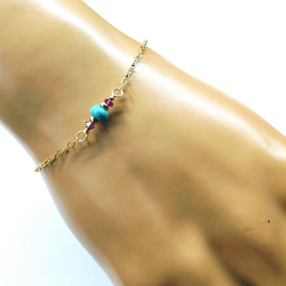 Handcrafted 14K Gold Filled Turquoise and Fuchsia Bracelet with Sparkly Chain - Sleek Design for All Occasions - Bracelets - Bijou Her -  -  - 