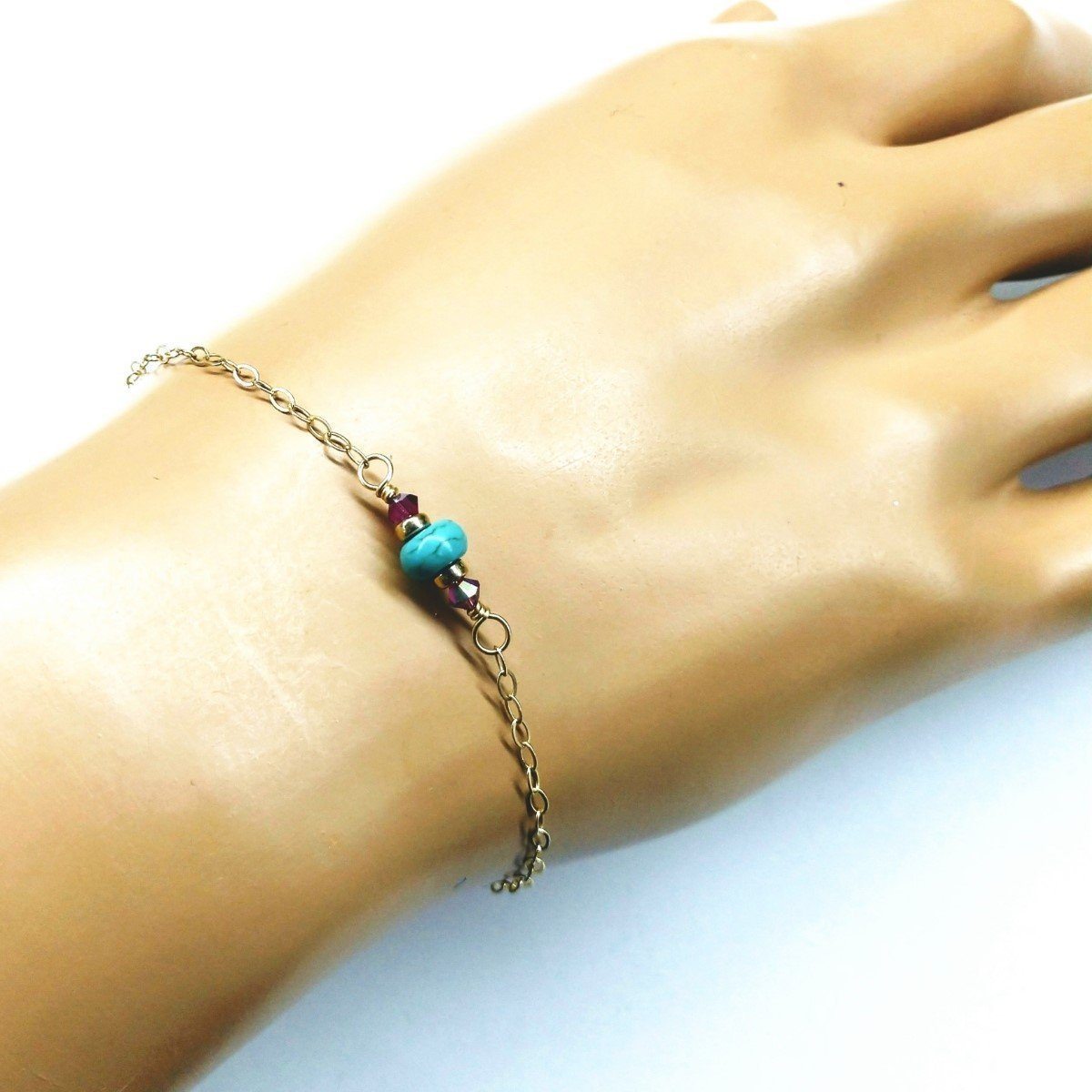 Handcrafted 14K Gold Filled Turquoise and Fuchsia Bracelet with Sparkly Chain - Sleek Design for All Occasions - Bracelets - Bijou Her -  -  - 